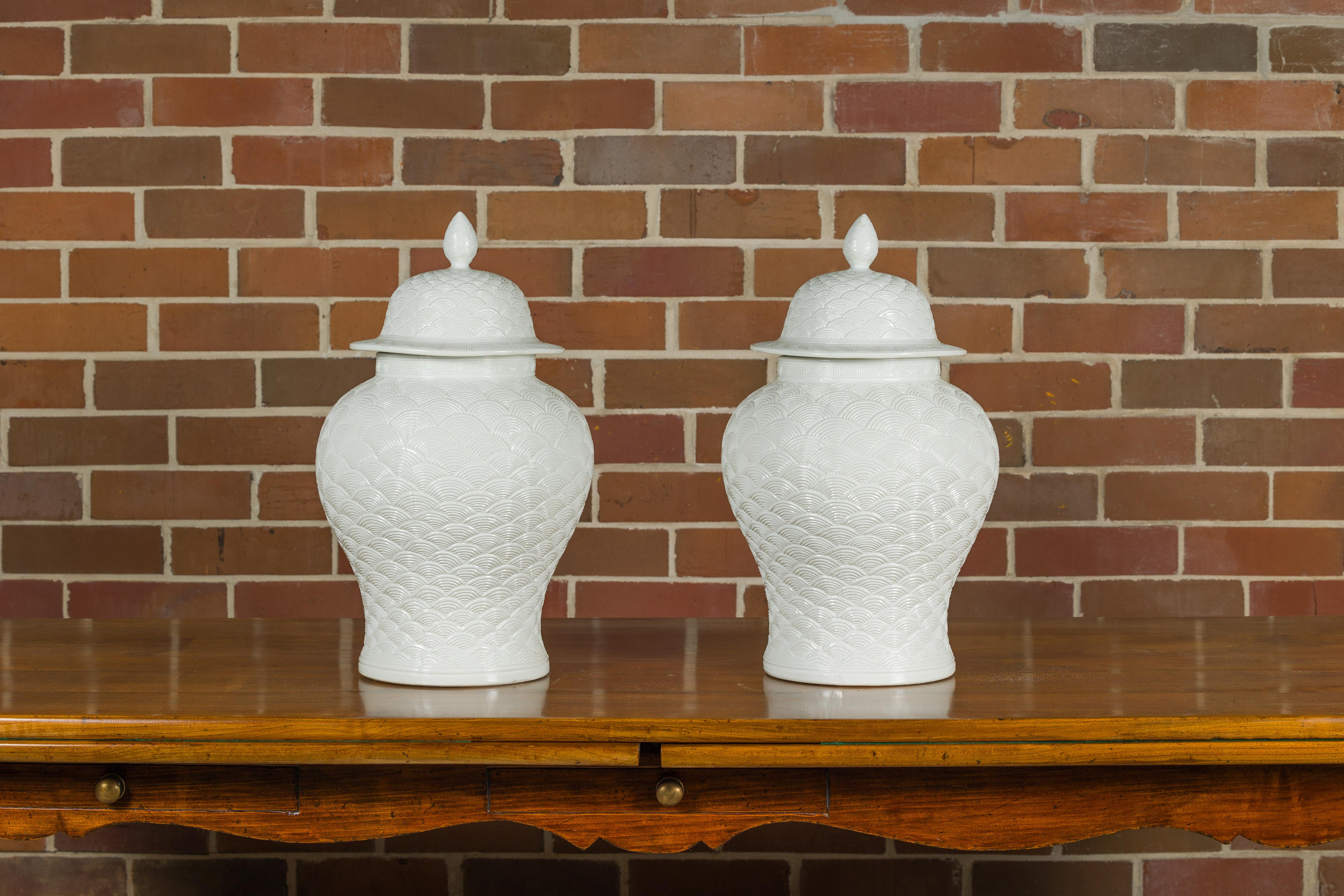 Pair of White Porcelain Fish Scale Lidded Jars with Petite Finials For Sale 2