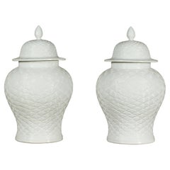 Used Pair of White Porcelain Fish Scale Lidded Jars with Petite Finials