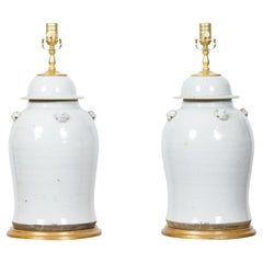 Pair of White Porcelain Lidded Urns Table Lamps on Gilt Bases, US-Wired