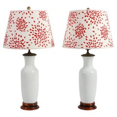 Pair of White Porcelain Table Lamps in Palm Leaf Relief