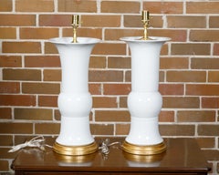 Pair of White Porcelain Table Lamps on Custom Giltwood Bases, Wired for the USA