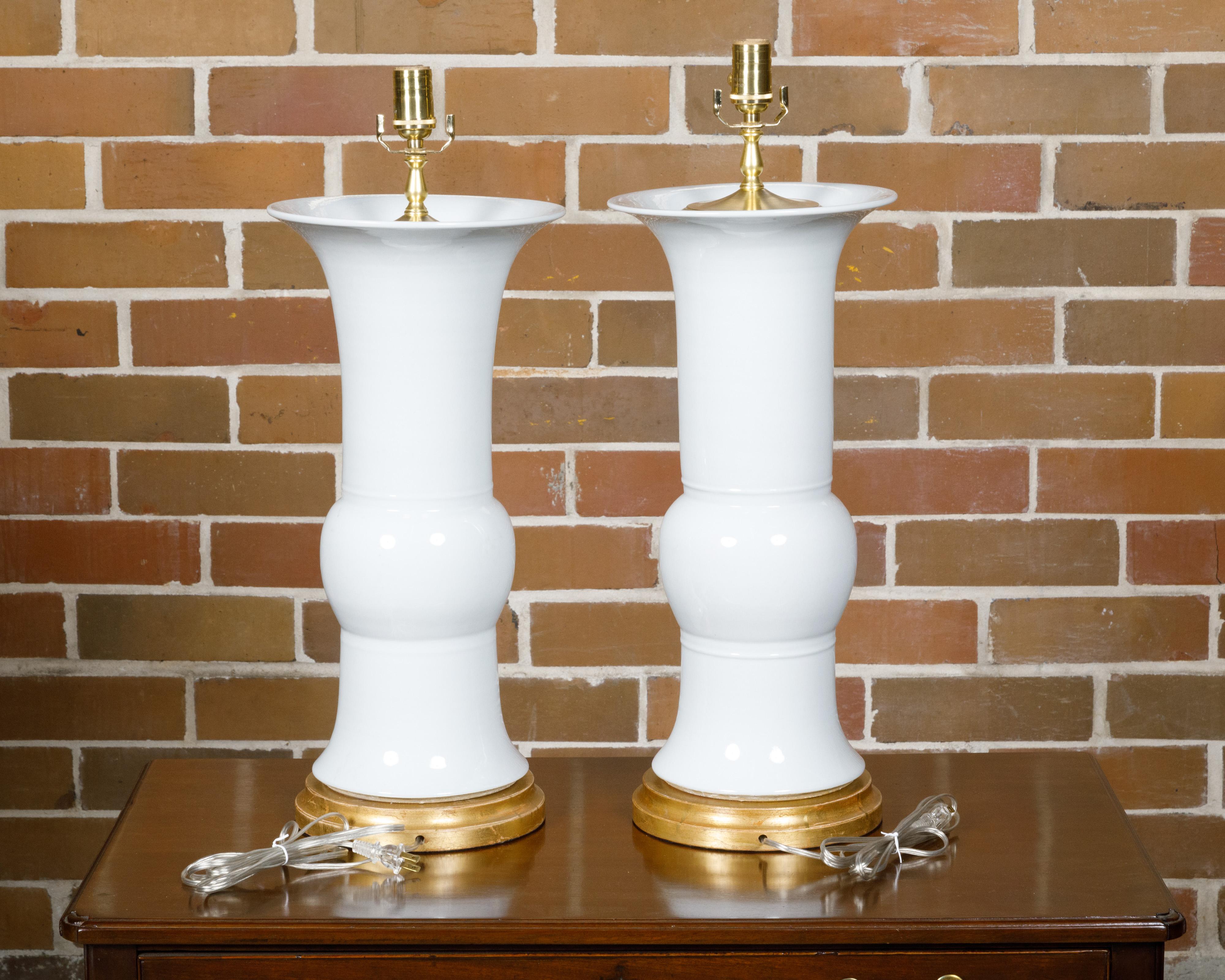 Pair of White Porcelain Table Lamps on Custom Giltwood Bases, Wired for the USA In Excellent Condition For Sale In Atlanta, GA
