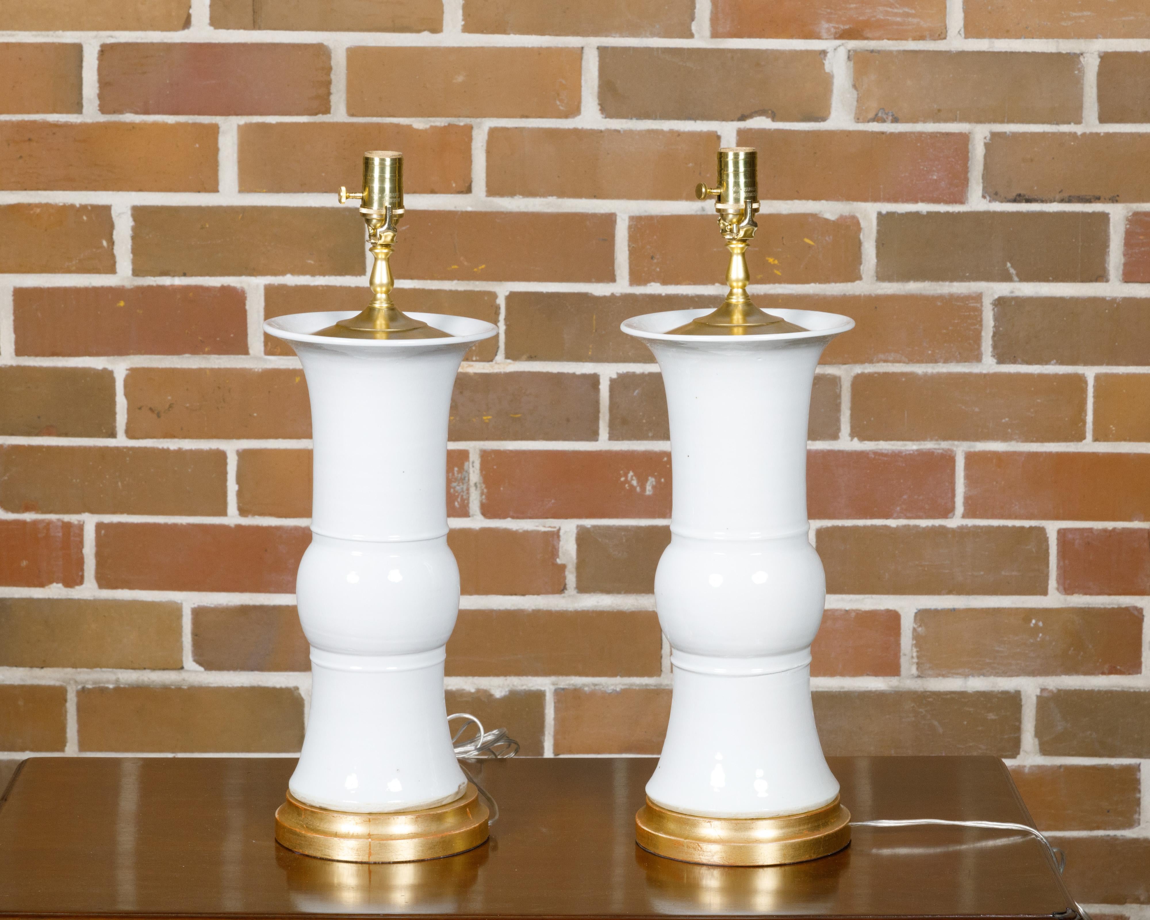 Pair of White Porcelain Table Lamps on Custom Giltwood Bases, Wired for the USA In Excellent Condition For Sale In Atlanta, GA