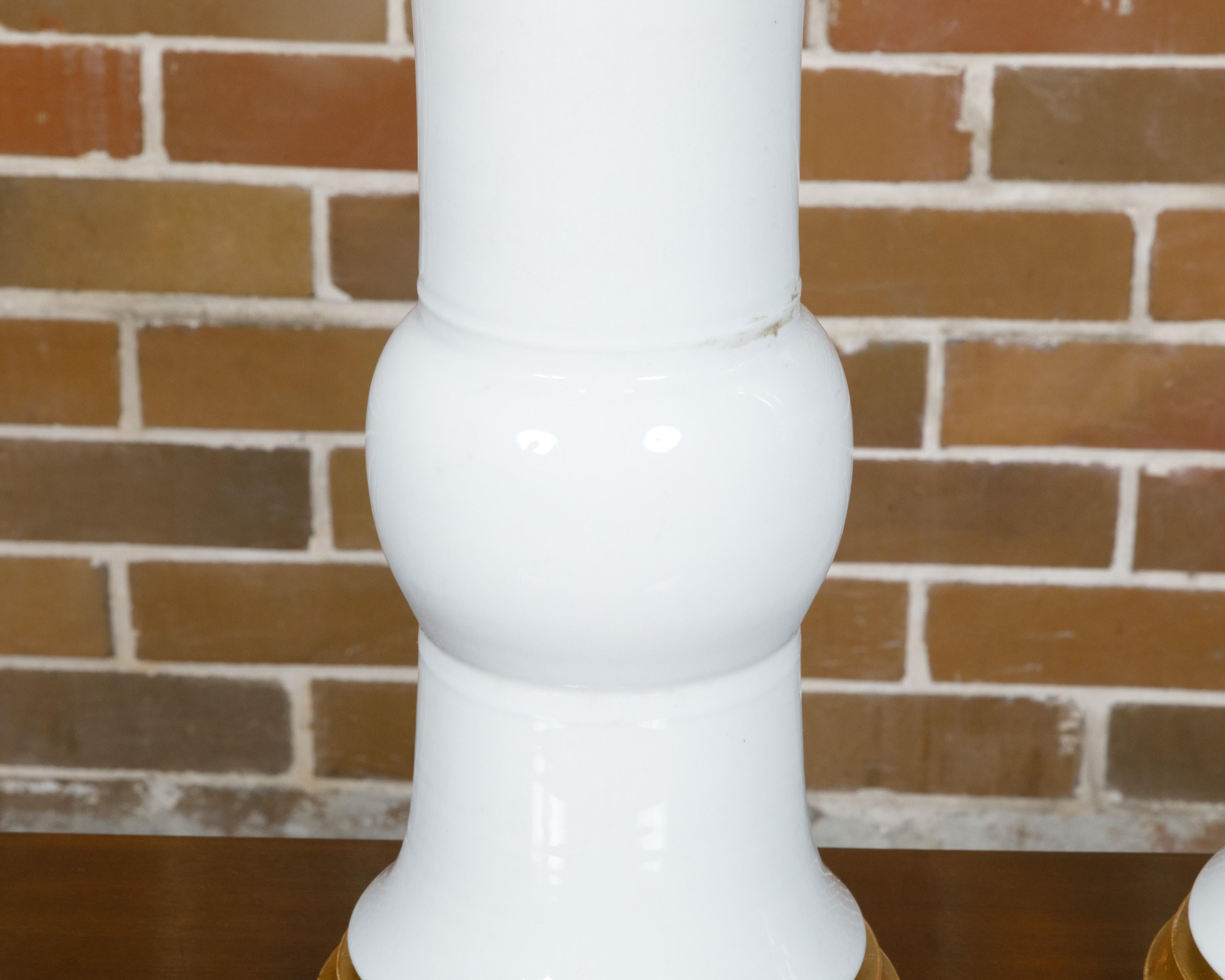 Pair of White Porcelain Table Lamps on Custom Giltwood Bases, Wired for the USA For Sale 1