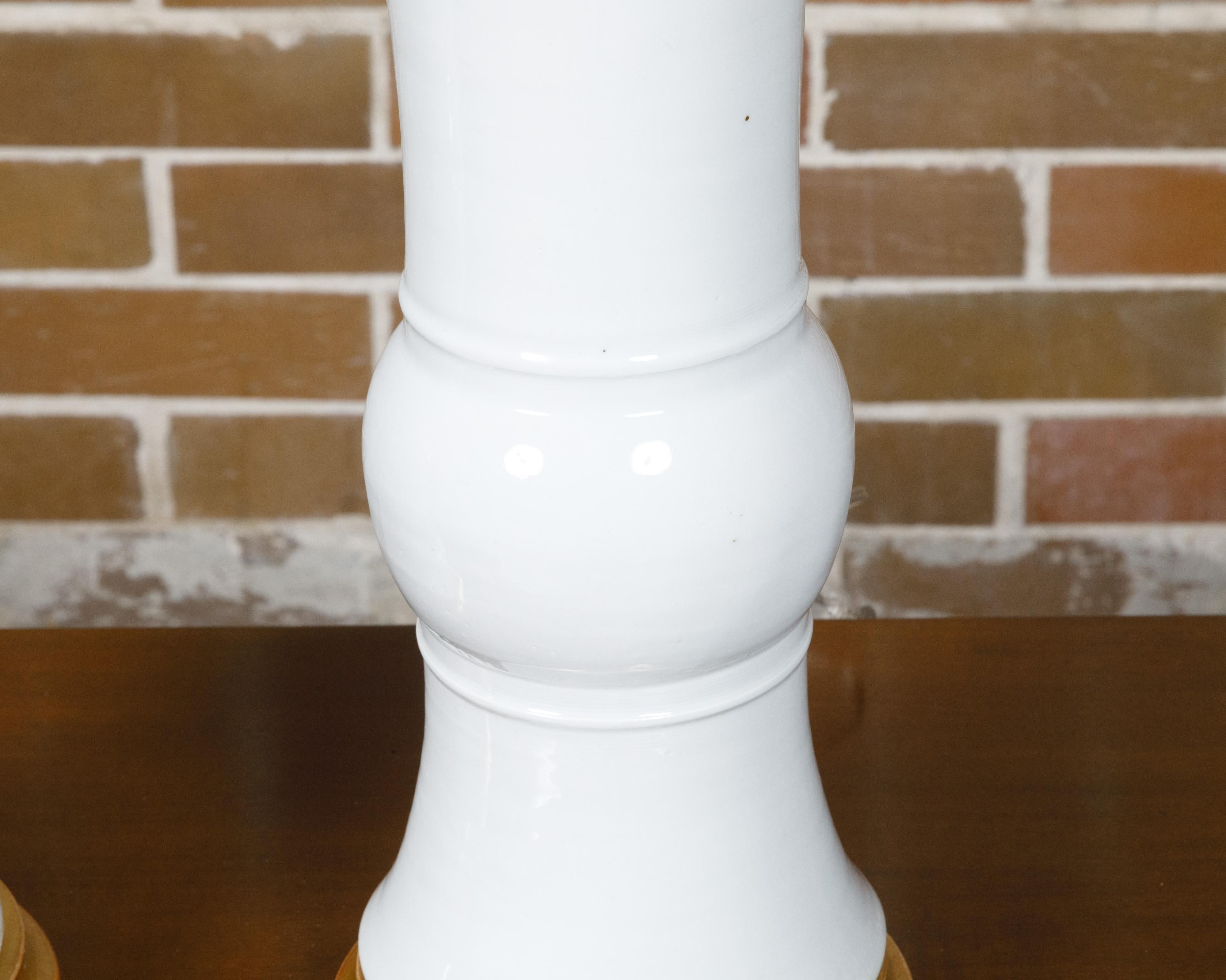 Brass Pair of White Porcelain Table Lamps on Custom Giltwood Bases, Wired for the USA For Sale