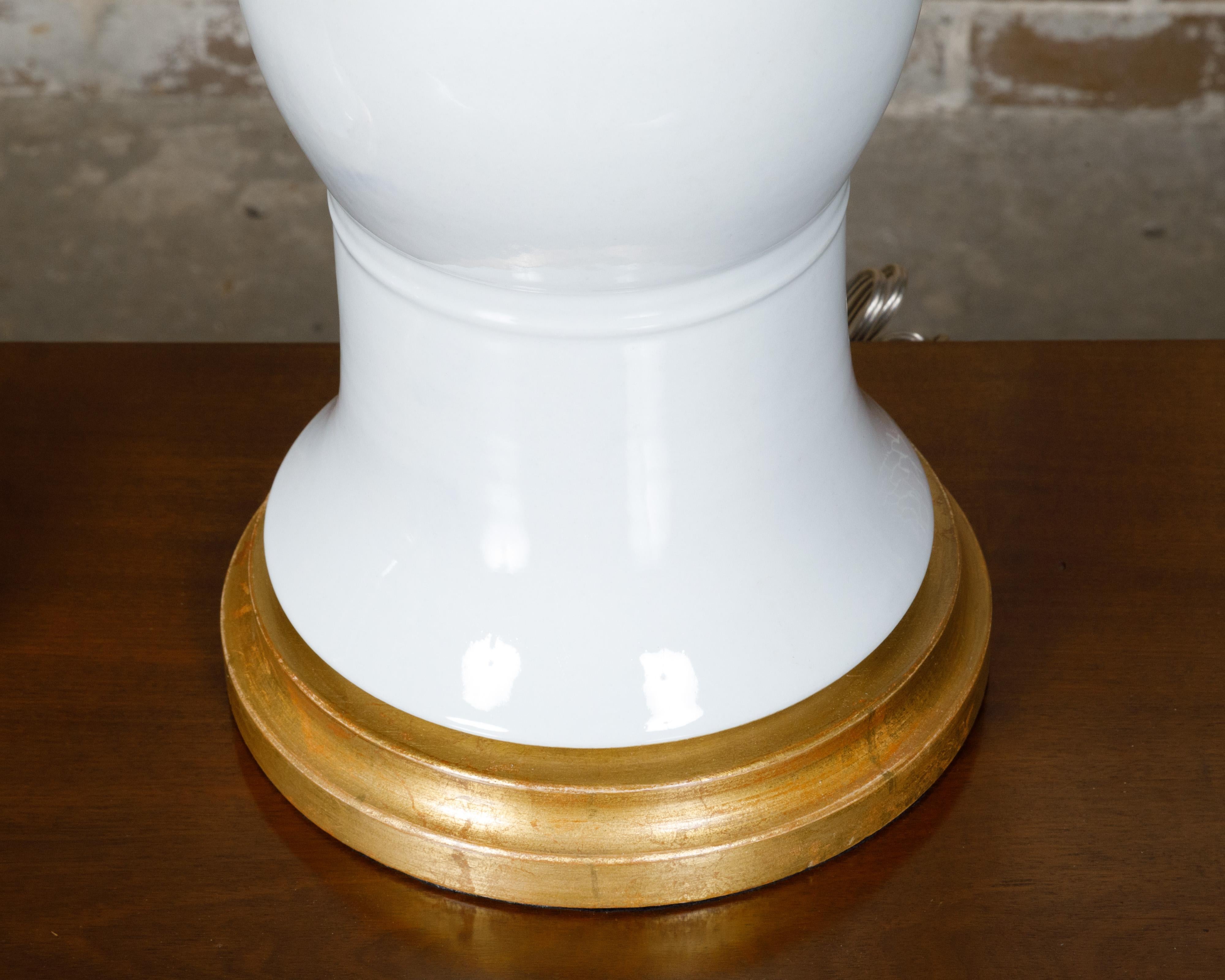 Pair of White Porcelain Table Lamps on Custom Giltwood Bases, Wired for the USA For Sale 3