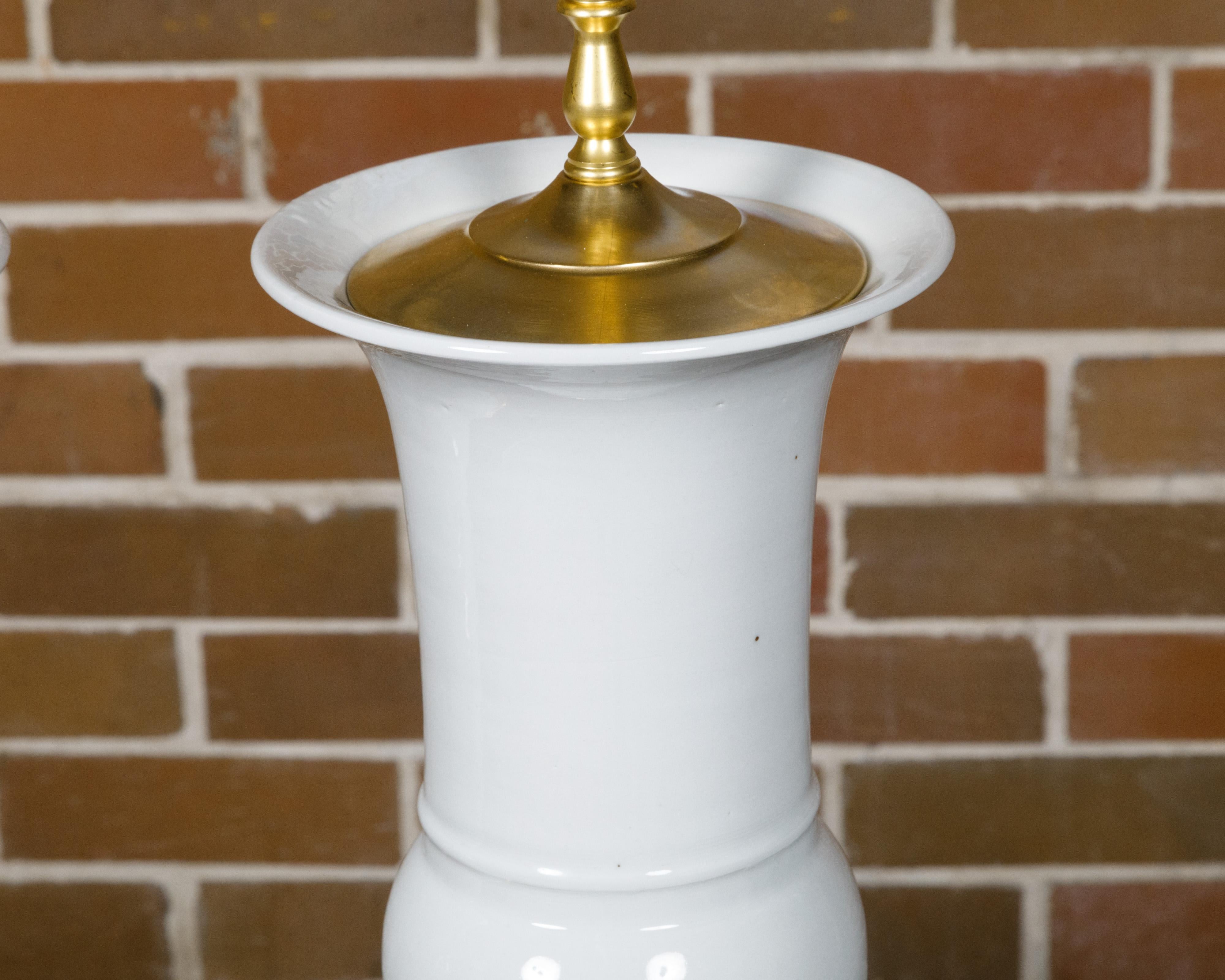 Pair of White Porcelain Table Lamps on Custom Giltwood Bases, Wired for the USA For Sale 1