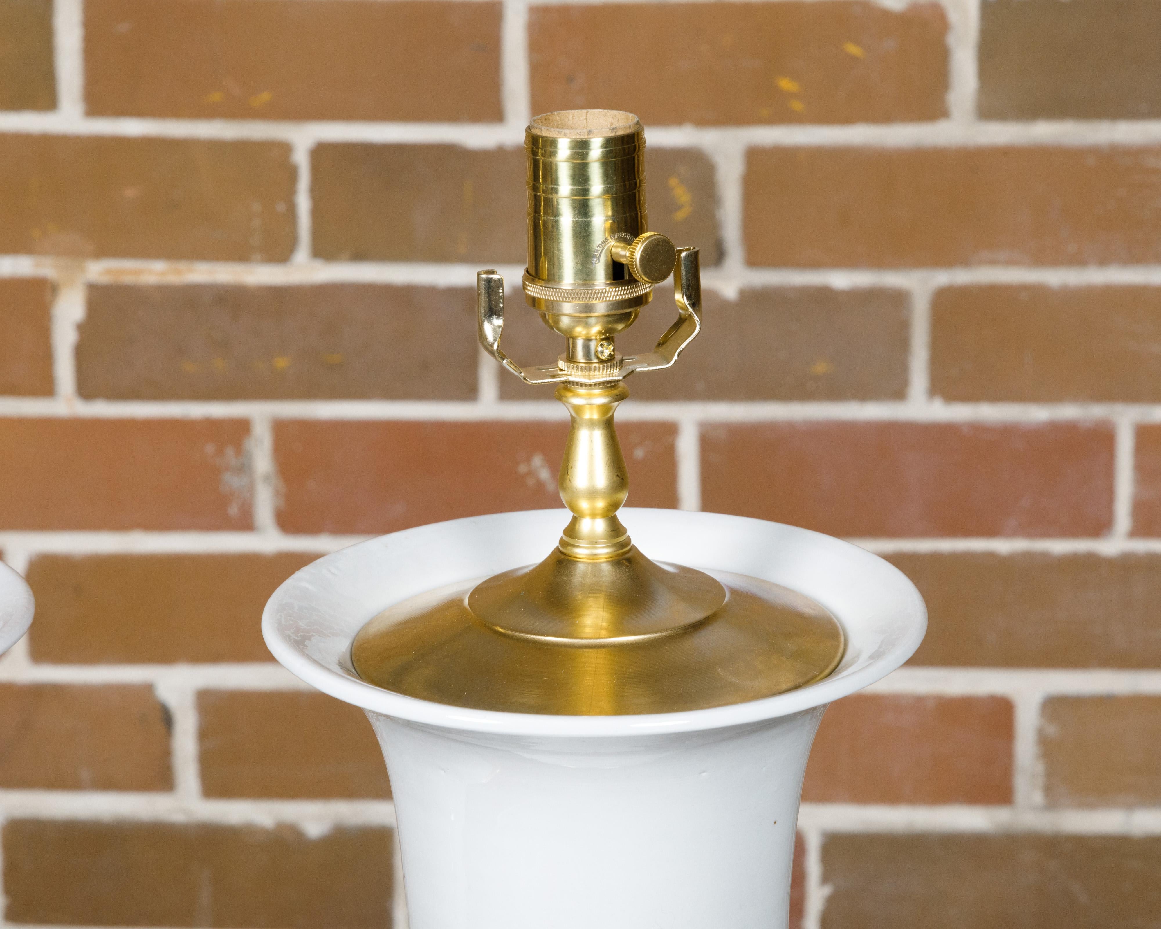 Pair of White Porcelain Table Lamps on Custom Giltwood Bases, Wired for the USA For Sale 2