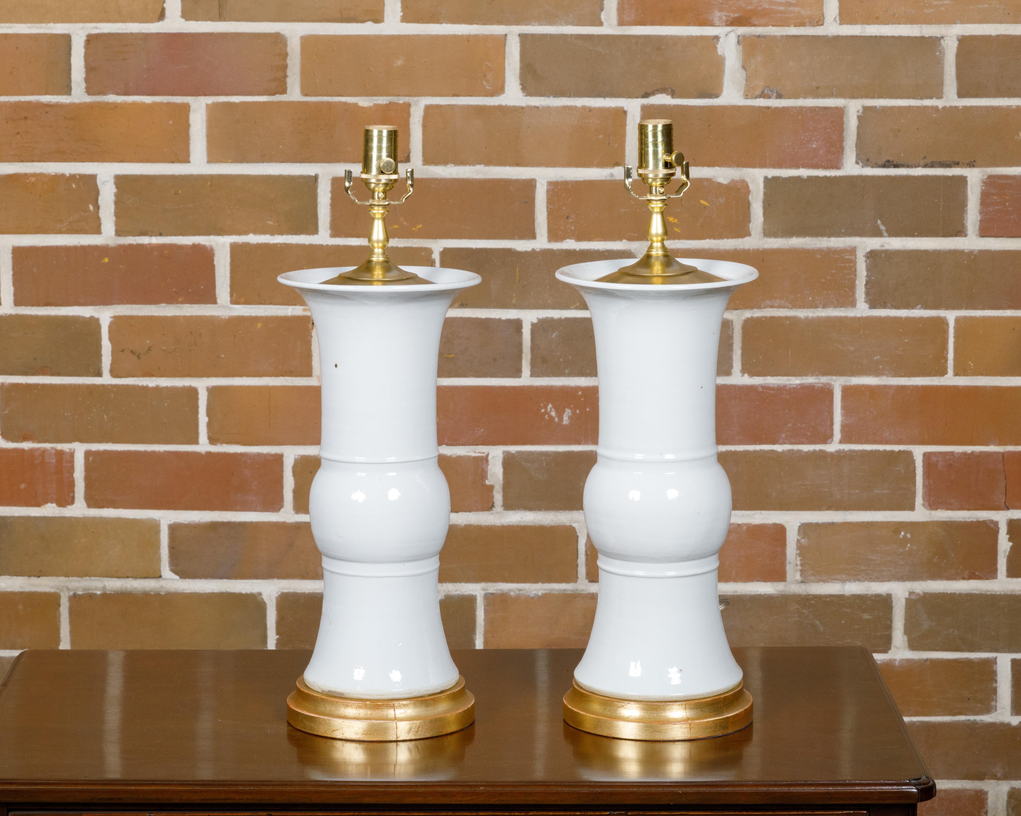 Pair of White Porcelain Table Lamps on Custom Giltwood Bases, Wired for the USA For Sale 3