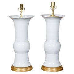 Pair of White Porcelain Table Lamps on Custom Giltwood Bases, Wired for the USA