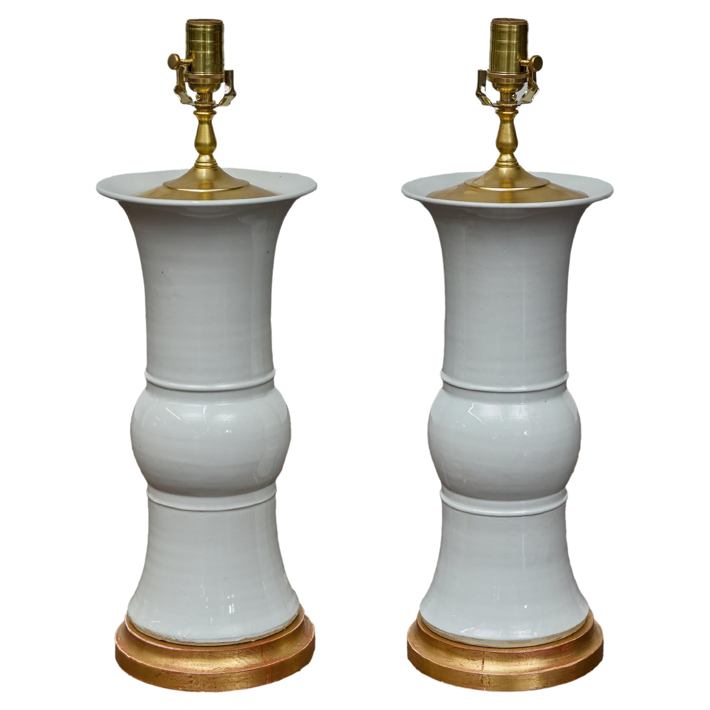 Pair of White Porcelain Table Lamps on Custom Giltwood Bases, Wired for the USA