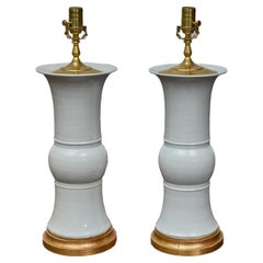 Pair of White Porcelain Table Lamps on Custom Giltwood Bases, Wired for the USA