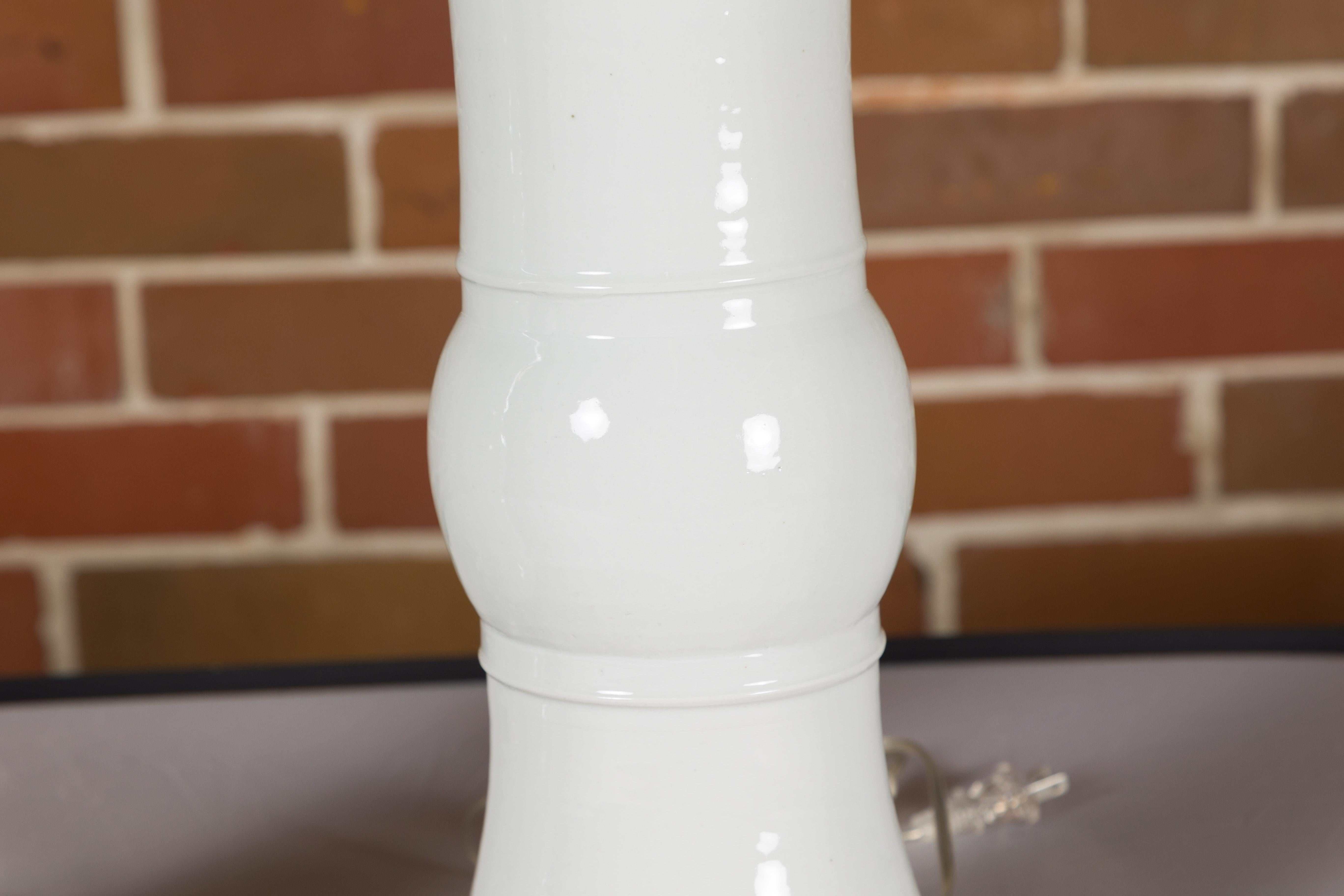 Pair of White Porcelain Table Lamps on Custom Lucite Bases, Wired for the USA 1