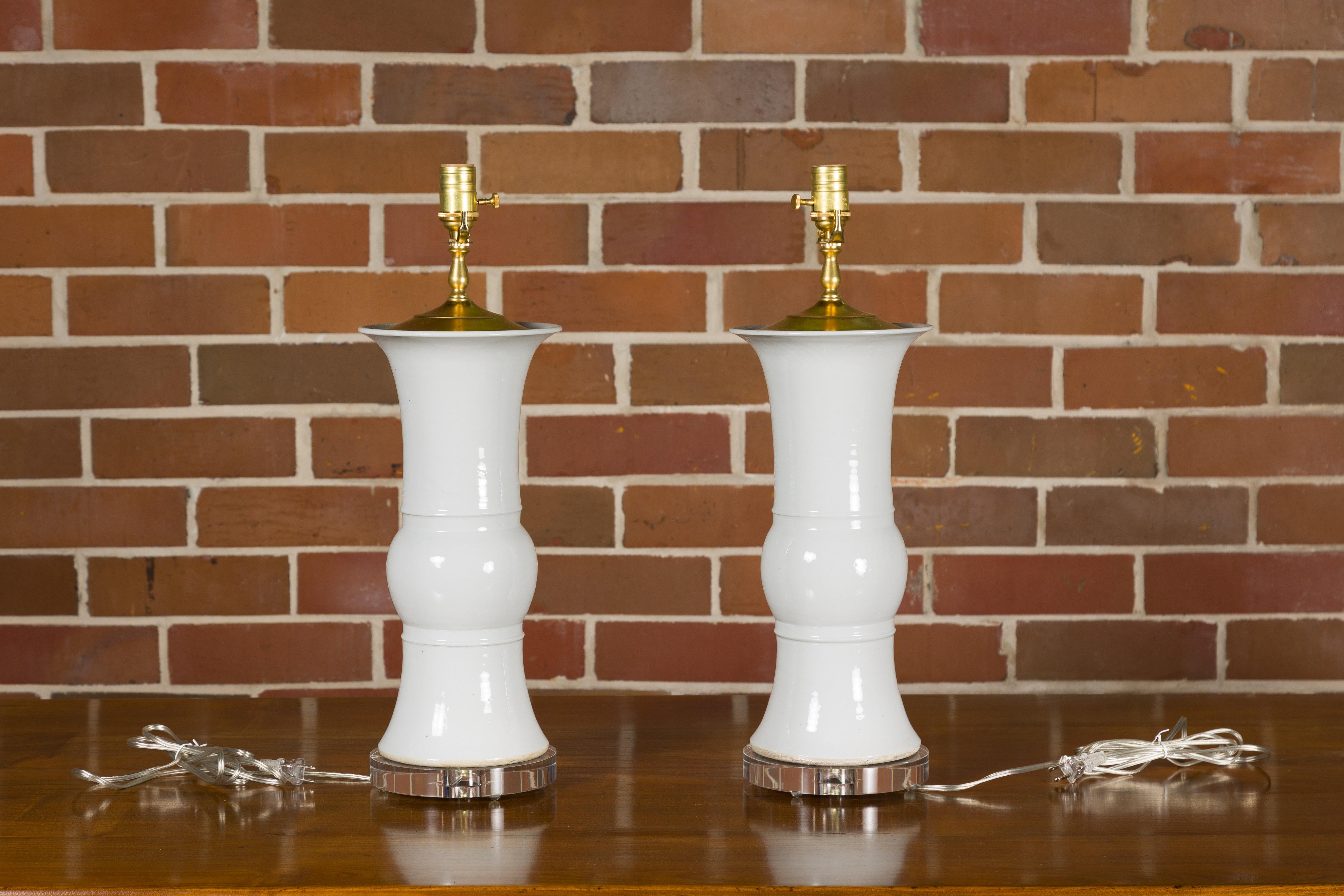 Pair of White Porcelain Table Lamps on Custom Lucite Bases, Wired for the USA 5