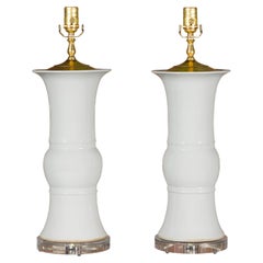 Pair of White Porcelain Table Lamps on Custom Lucite Bases, Wired for the USA