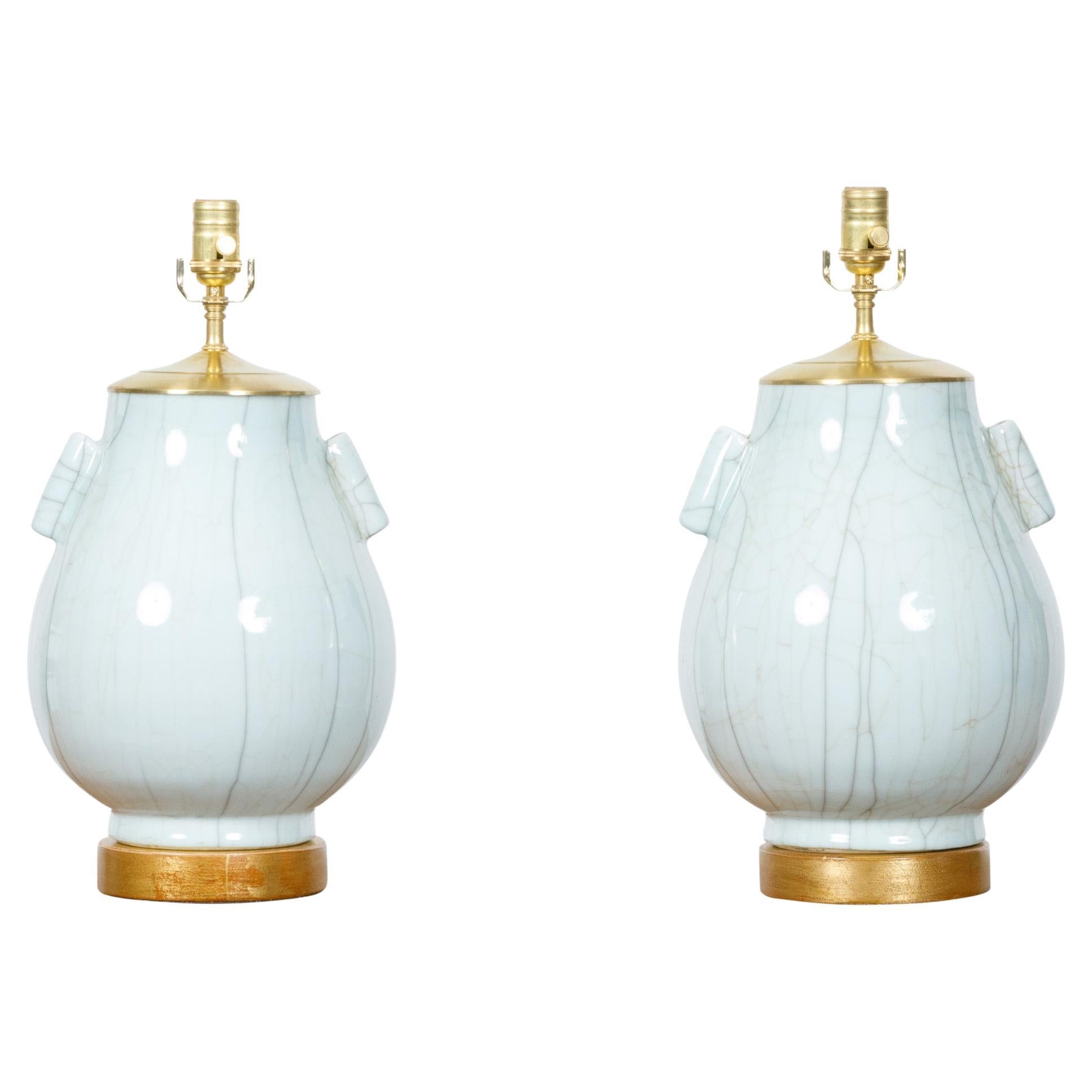 Pair of White Porcelain Tulip Shaped Vases Table Lamps with Crackle Finish