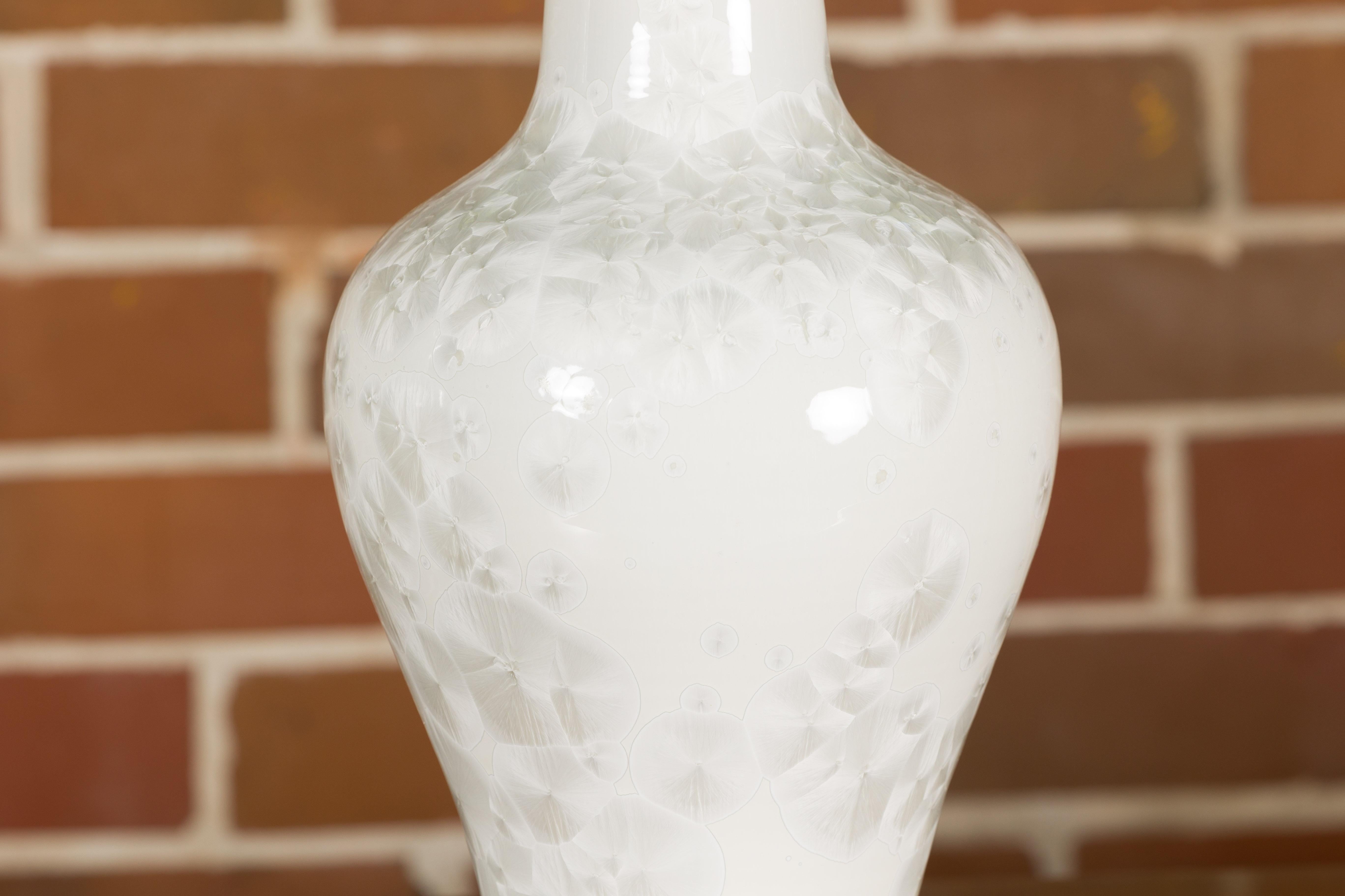 Pair of White Porcelain Vase Table Lamps on Lucite Bases with Textured Décor For Sale 8