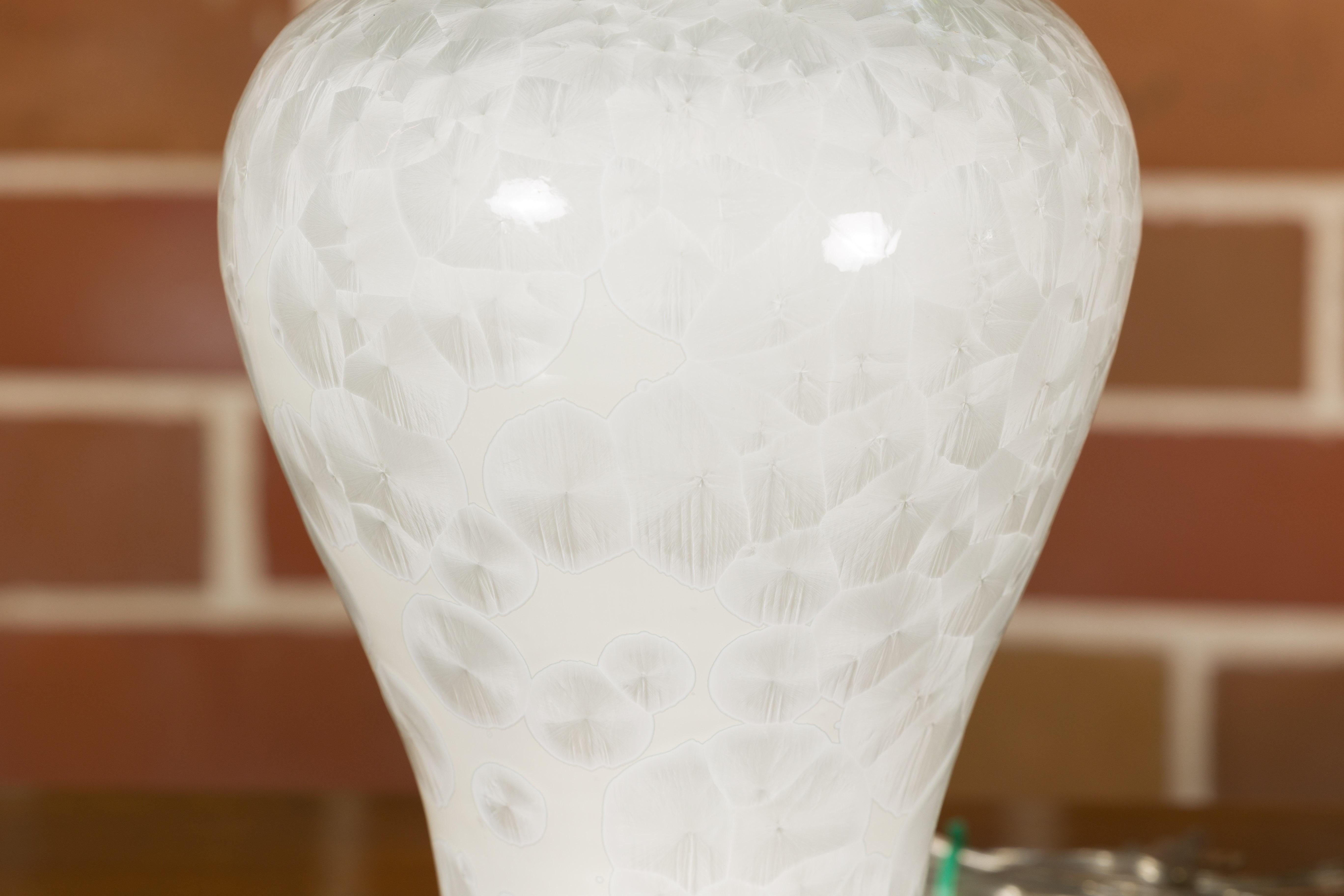 Pair of White Porcelain Vase Table Lamps on Lucite Bases with Textured Décor For Sale 10
