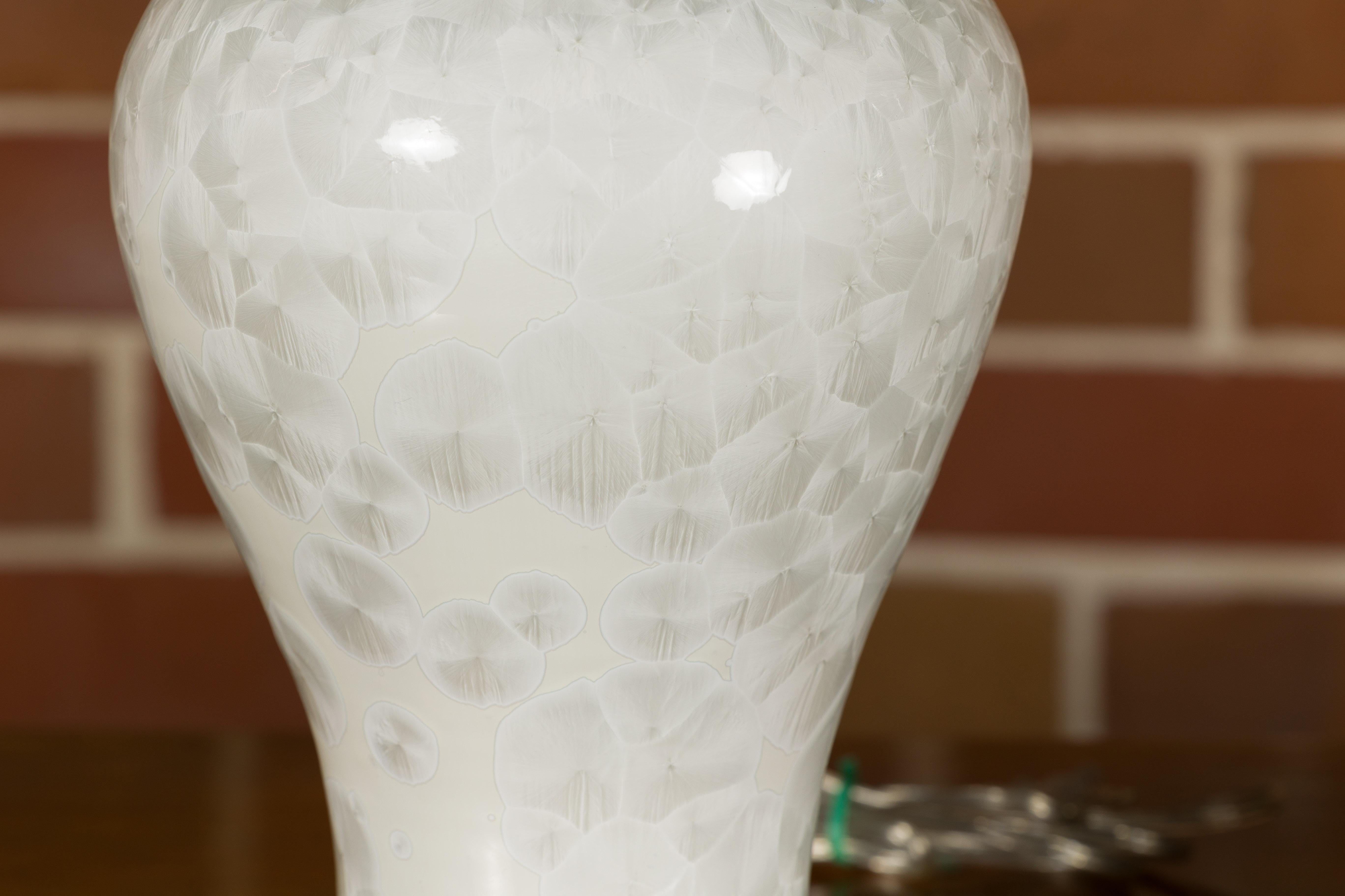 Pair of White Porcelain Vase Table Lamps on Lucite Bases with Textured Décor For Sale 11