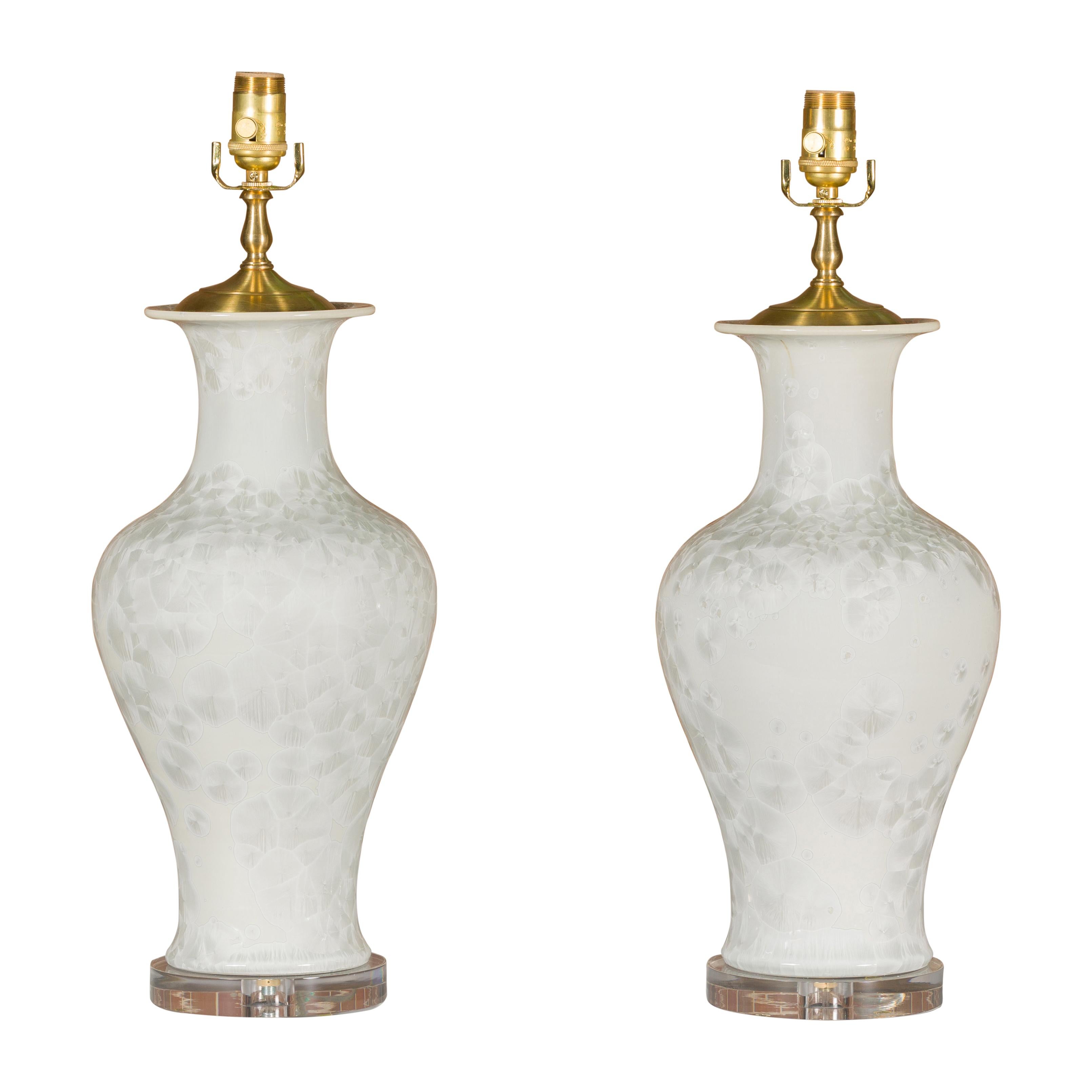 Pair of White Porcelain Vase Table Lamps on Lucite Bases with Textured Décor For Sale 13