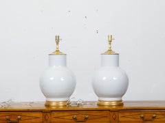 Pair of White Porcelain Vases Table Lamps on Giltwood Bases - USA Wired