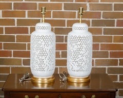 Pair of White Porcelain Vases with Floral Décor Made into Table Lamps, 1900s