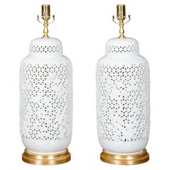 Antique Pair of White Porcelain Vases with Floral Décor Made into Table Lamps, 1900s