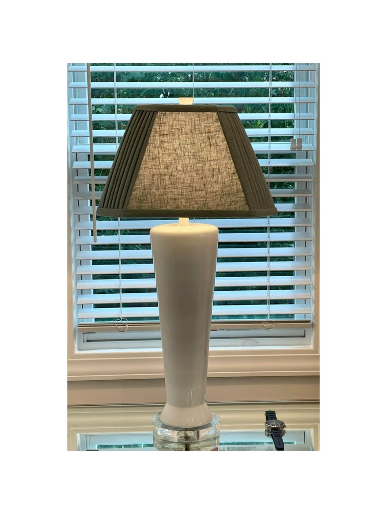 Pair of White Pottery Table Lamps with Custom Made Linen Shades, 1960's