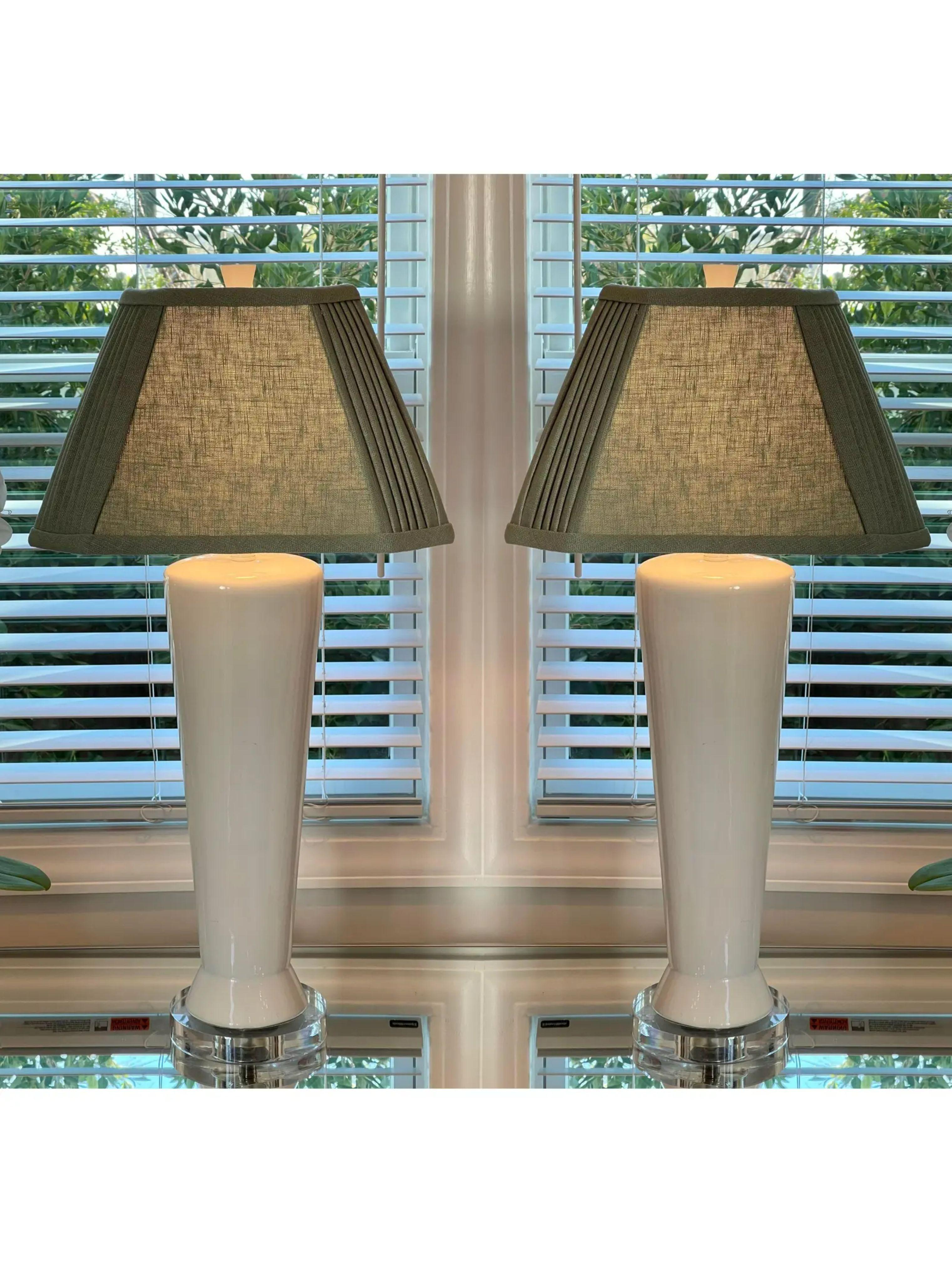Pair of White Pottery Table Lamps with Custom Made Linen Shades, 1960's For Sale 3