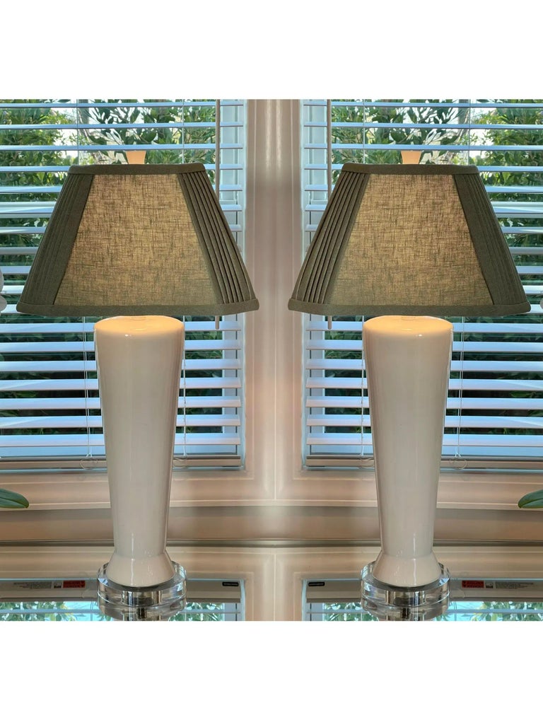 Pair of White Pottery Table Lamps with Custom Made Linen Shades, 1960's