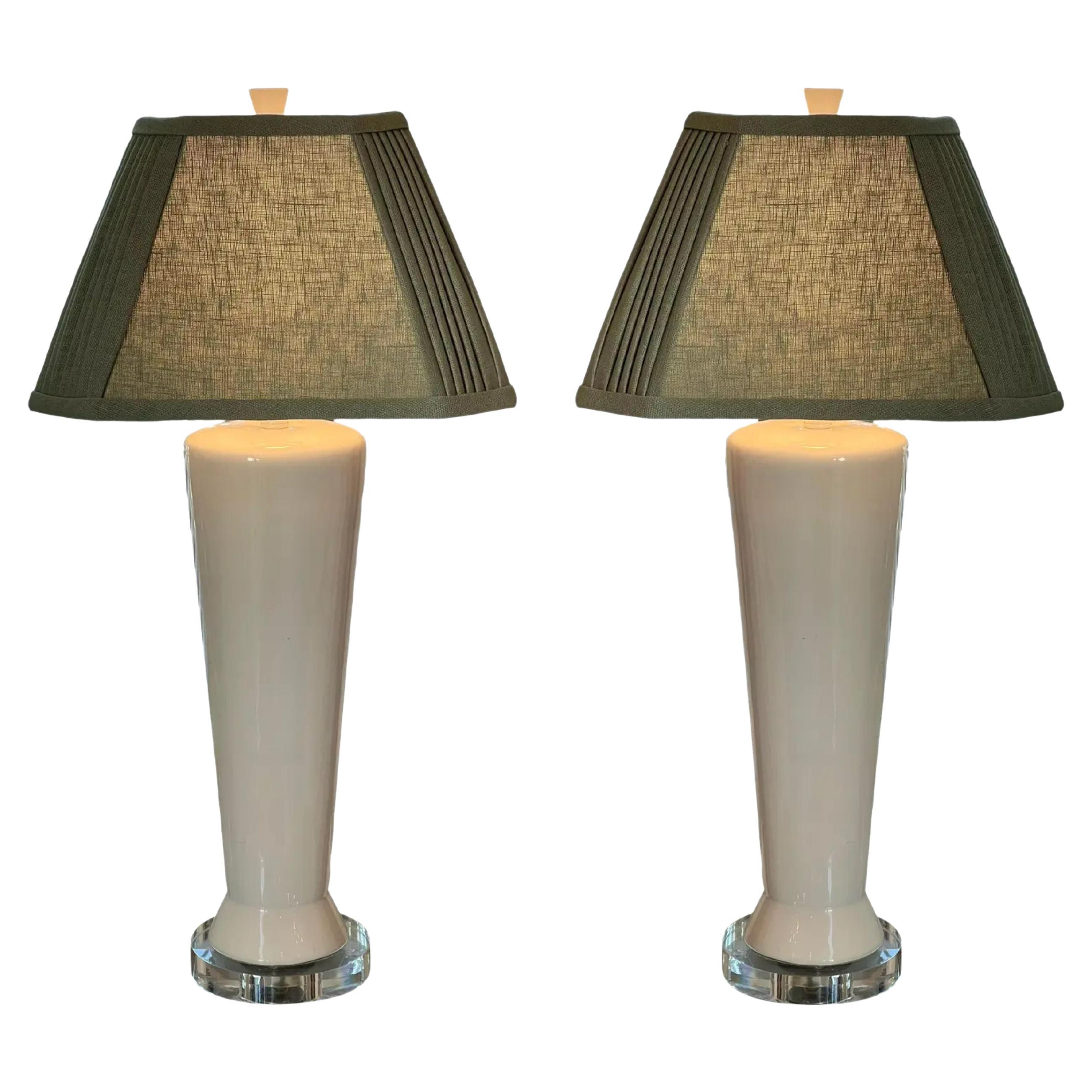 Pair of White Pottery Table Lamps with Custom Made Linen Shades, 1960's For Sale