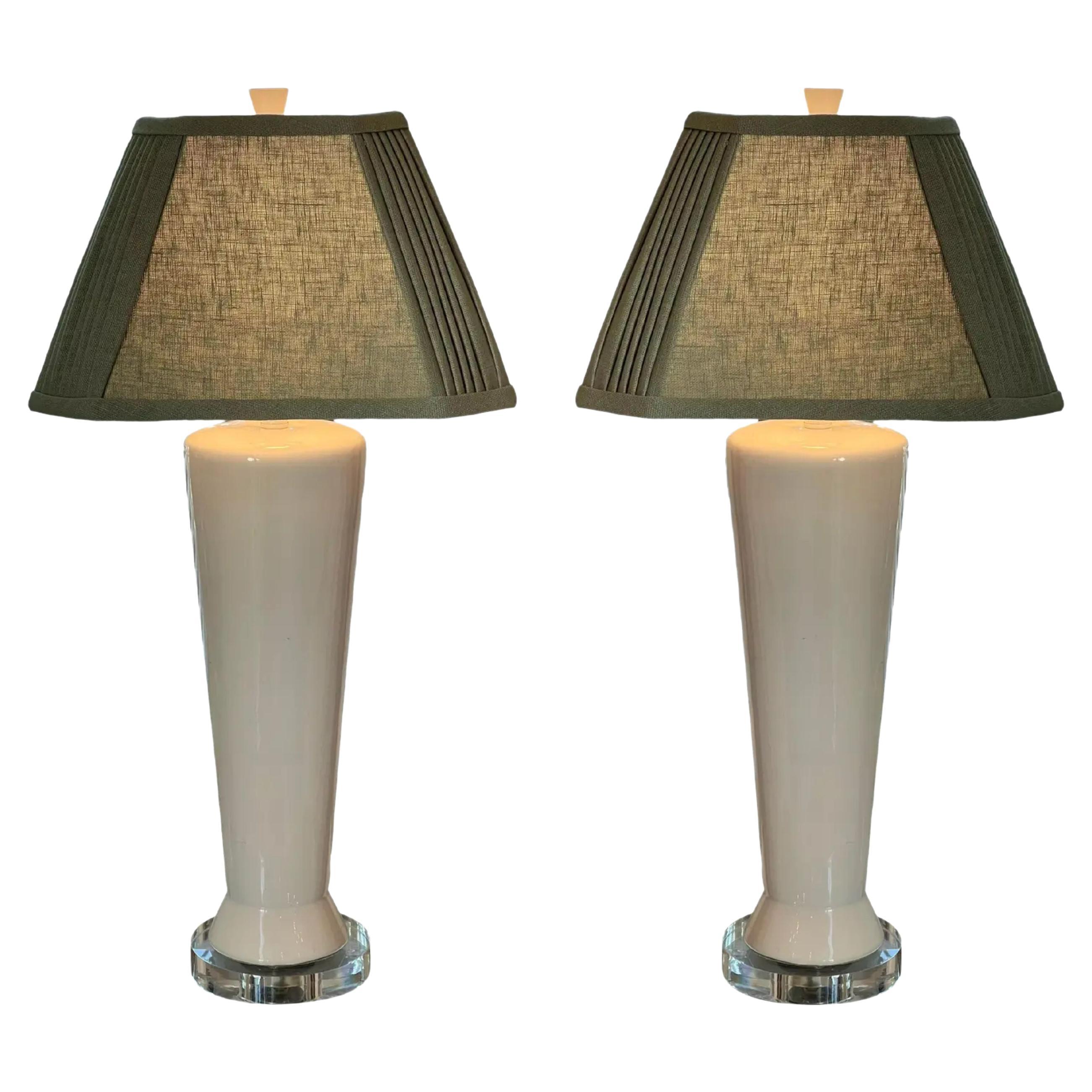 Pair of White Pottery Table Lamps with Custom Made Linen Shades, 1960's