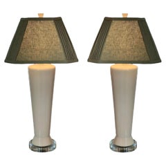Vintage Pair of White Pottery Table Lamps with Custom Made Linen Shades, 1960's