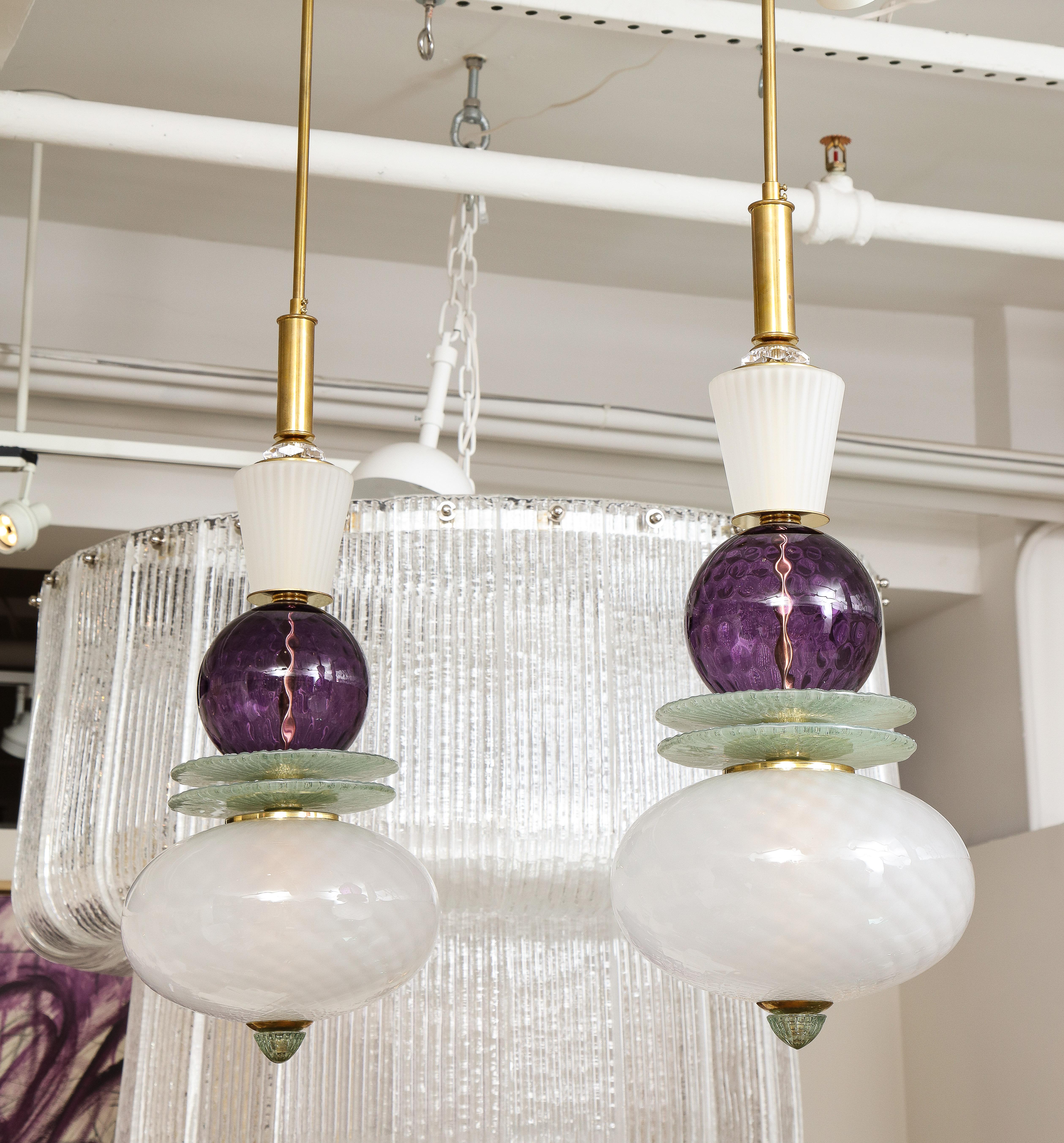 Pair of White, Purple, Sage Green Murano Glass Globes and Brass Pendants, Italy For Sale 2