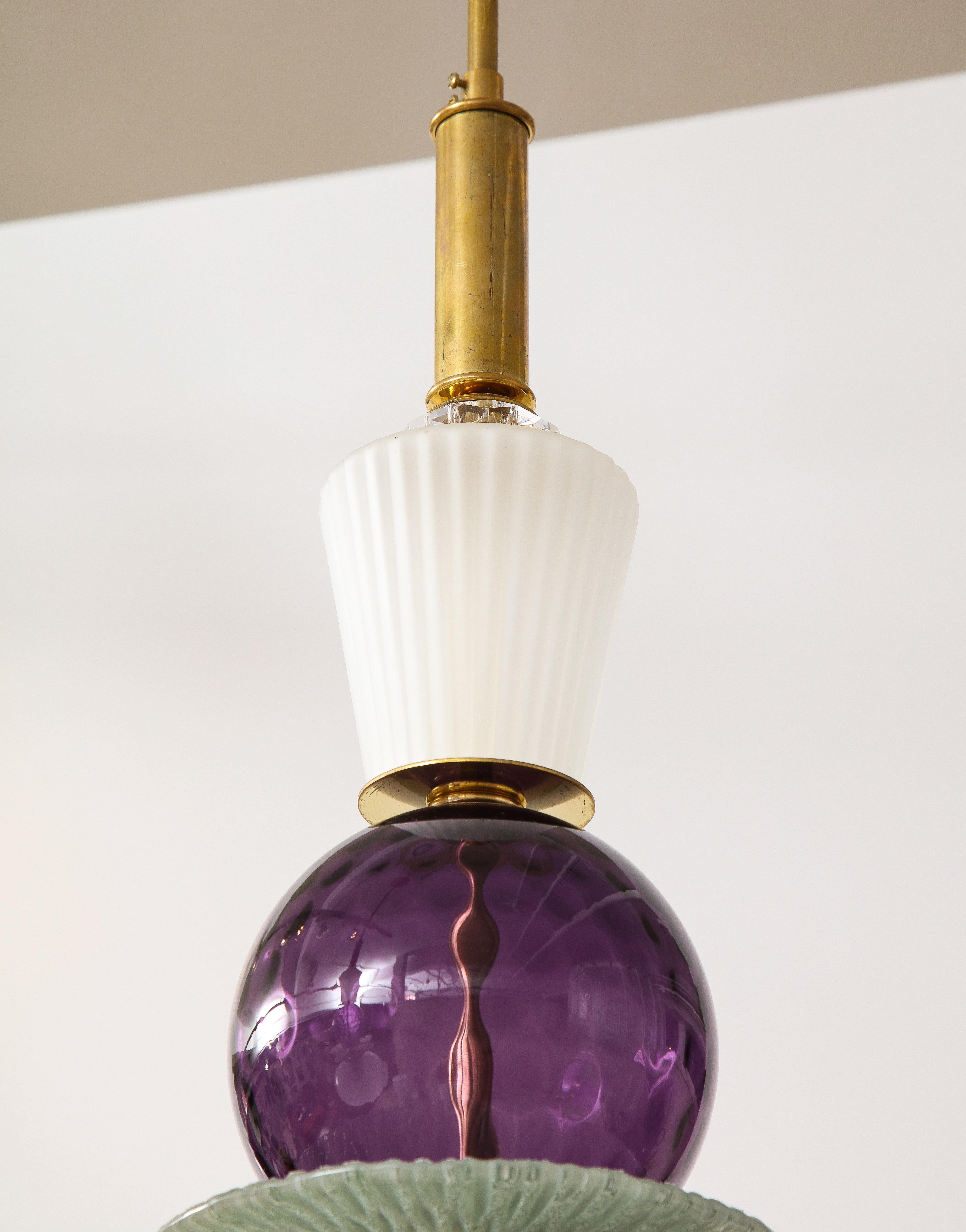 Mid-Century Modern Pair of White, Purple, Sage Green Murano Glass Globes and Brass Pendants, Italy For Sale