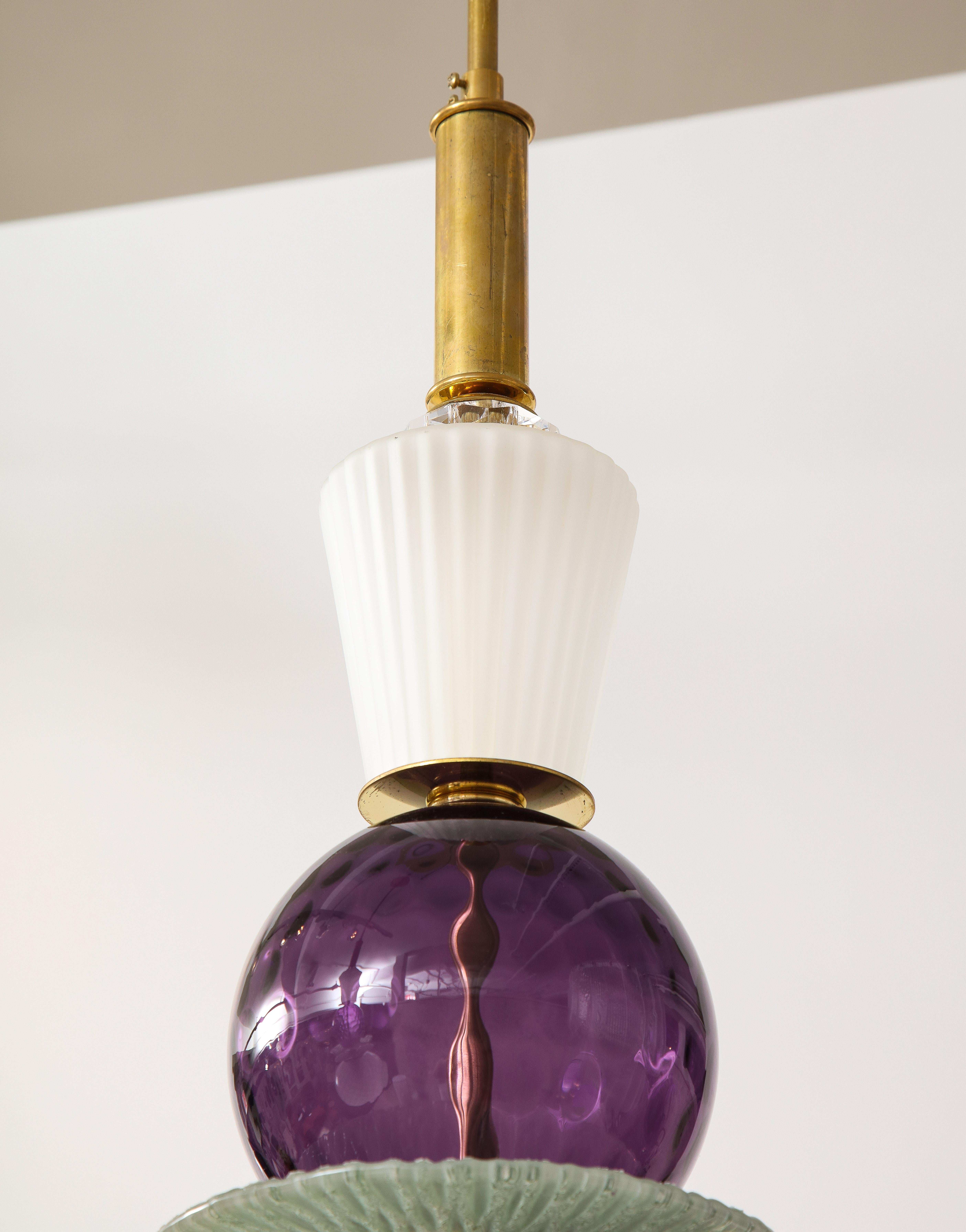 Mid-Century Modern Pair of White, Purple, Sage Green Murano Glass Globes and Brass Pendants, Italy