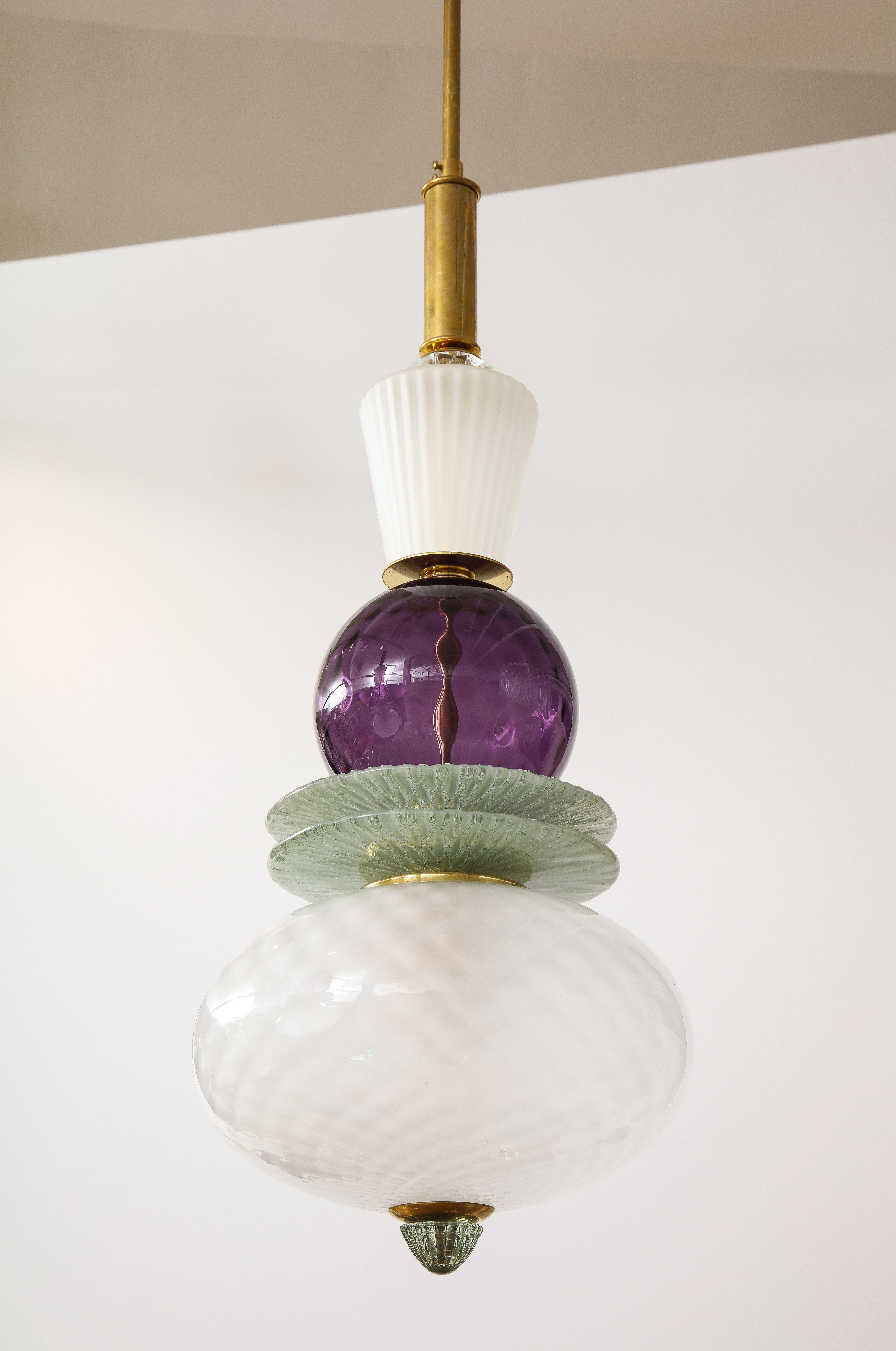 Italian Pair of White, Purple, Sage Green Murano Glass Globes and Brass Pendants, Italy For Sale