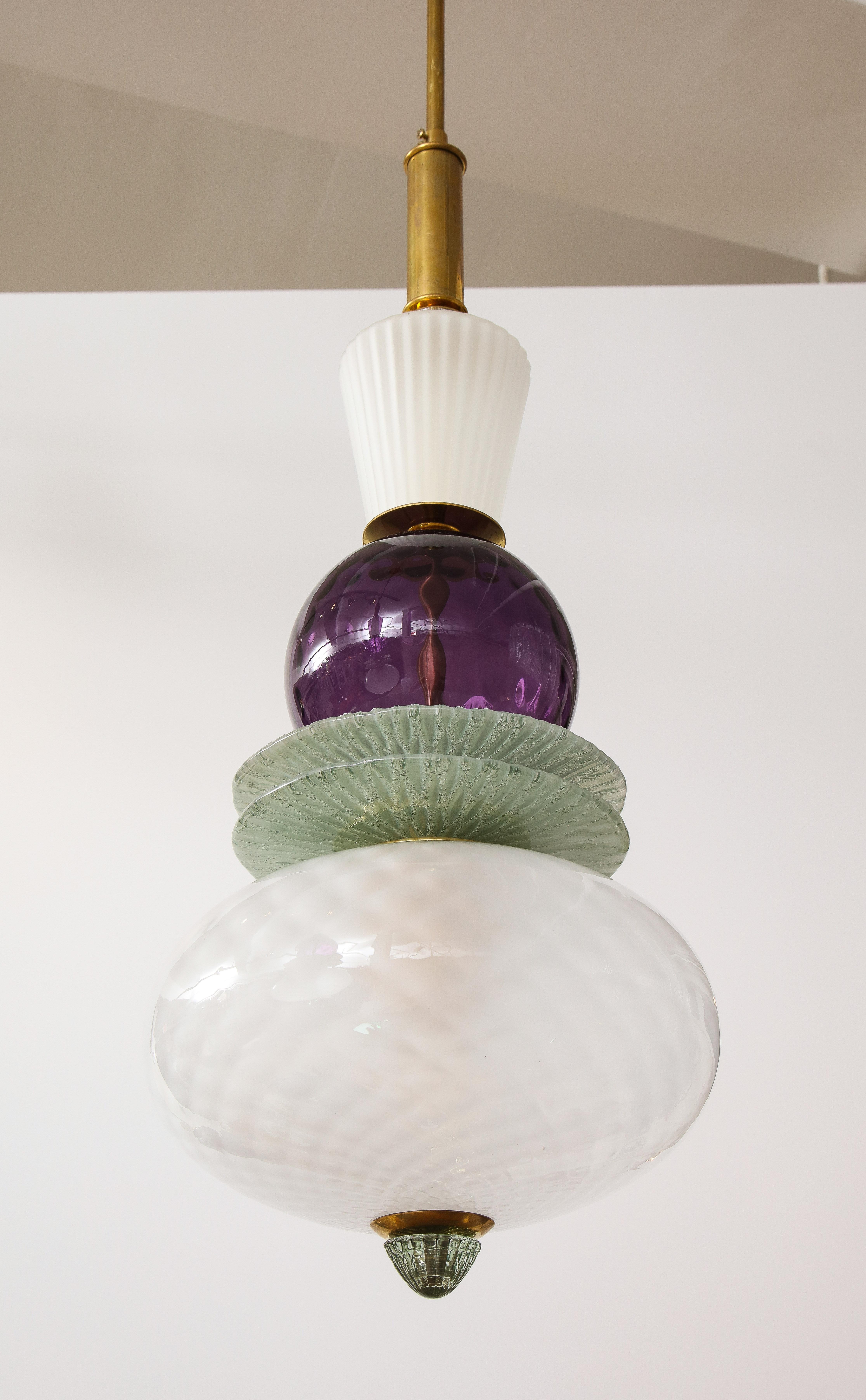 Hand-Crafted Pair of White, Purple, Sage Green Murano Glass Globes and Brass Pendants, Italy For Sale