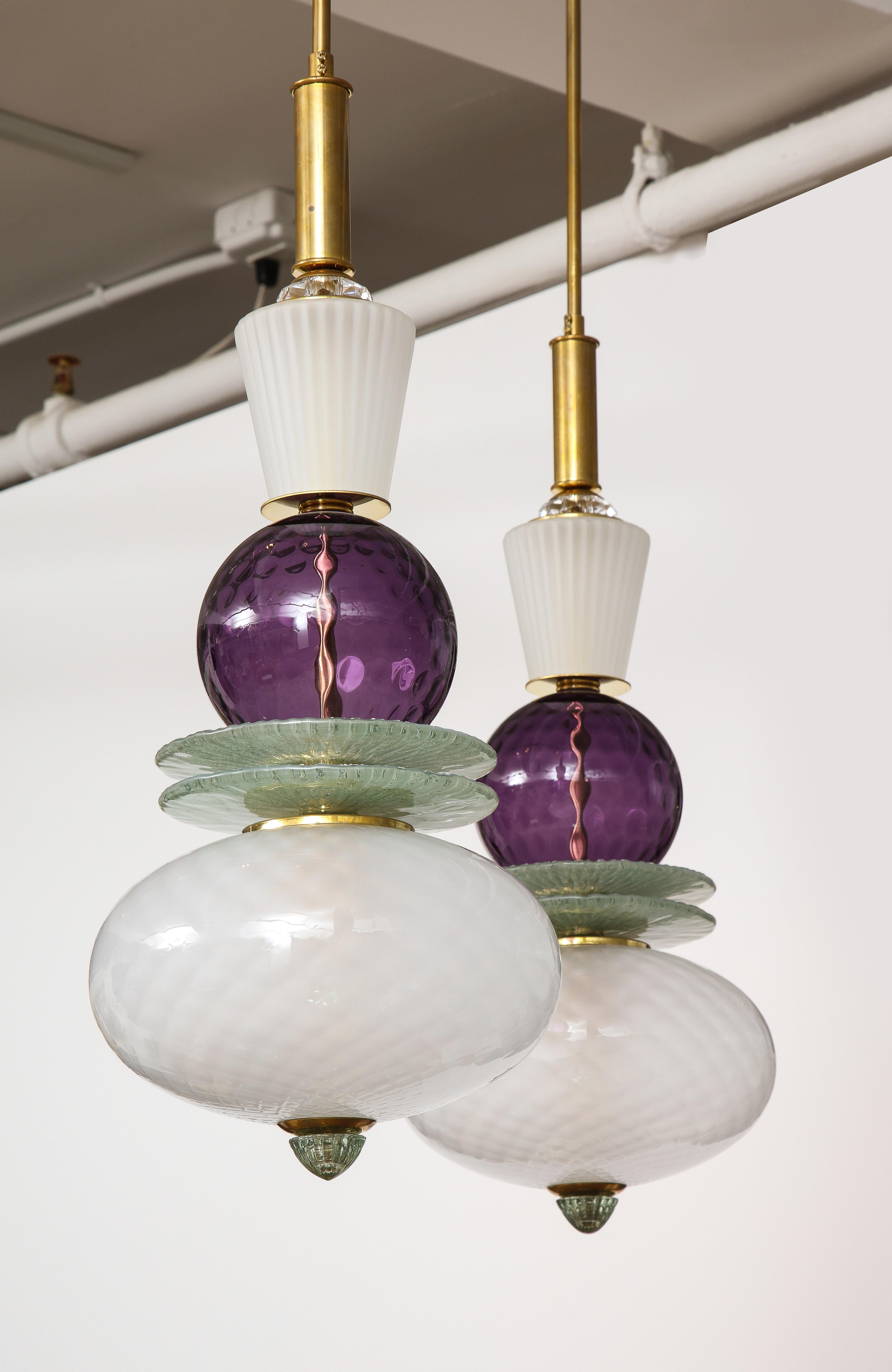 Contemporary Pair of White, Purple, Sage Green Murano Glass Globes and Brass Pendants, Italy For Sale