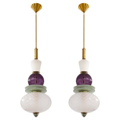 Pair of White, Purple, Sage Green Murano Glass Globes and Brass Pendants, Italy