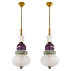 Pair of White, Purple, Sage Green Murano Glass Globes and Brass Pendants, Italy