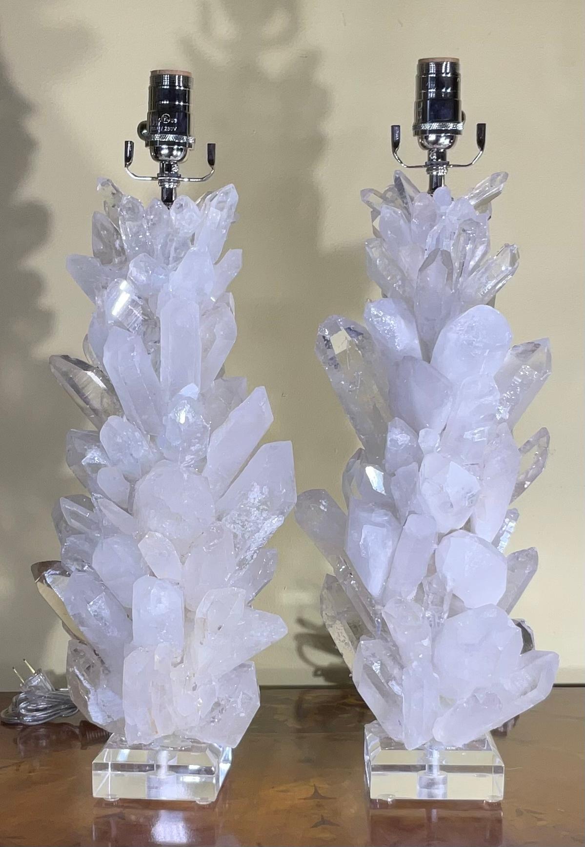 Pair of White Quartz Crystal Table Lamps by Joseph Malekan For Sale 1