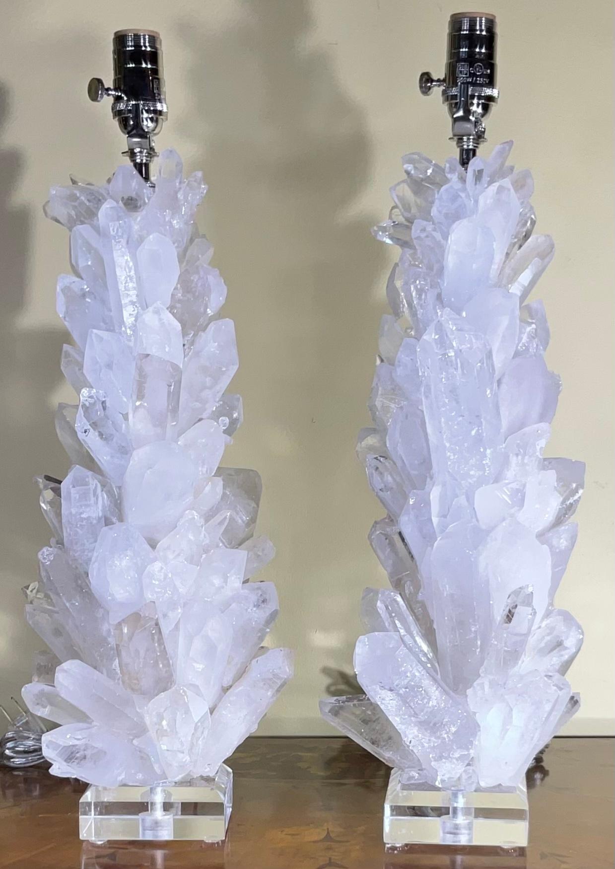 Pair of White Quartz Crystal Table Lamps by Joseph Malekan For Sale 3