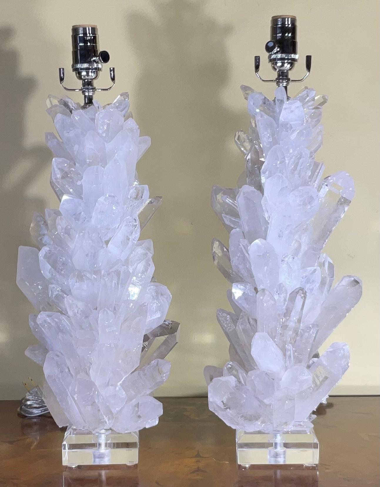 Pair of White Quartz Crystal Table Lamps by Joseph Malekan For Sale 3