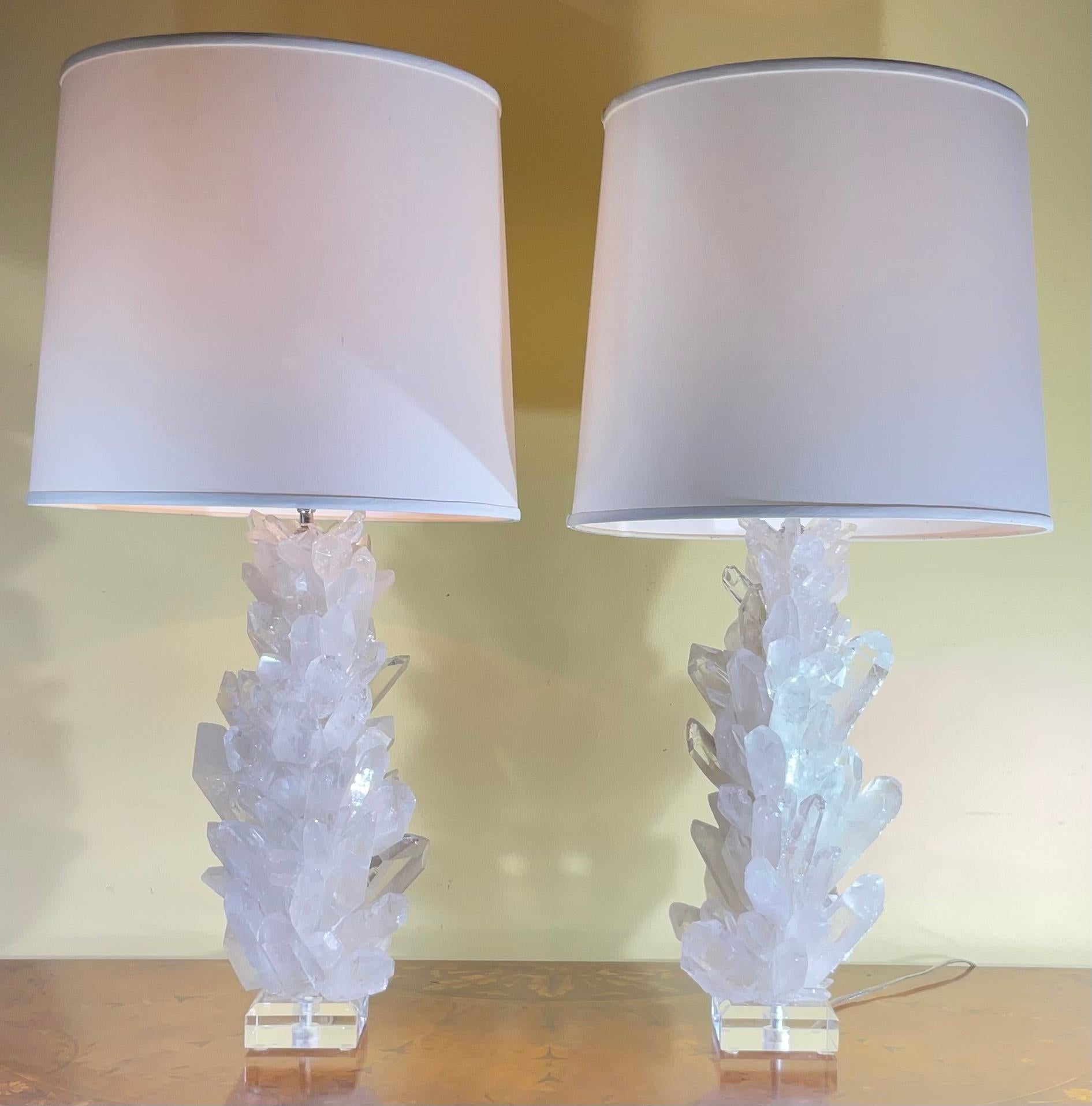 Pair of White Quartz Crystal Table Lamps by Joseph Malekan For Sale 4