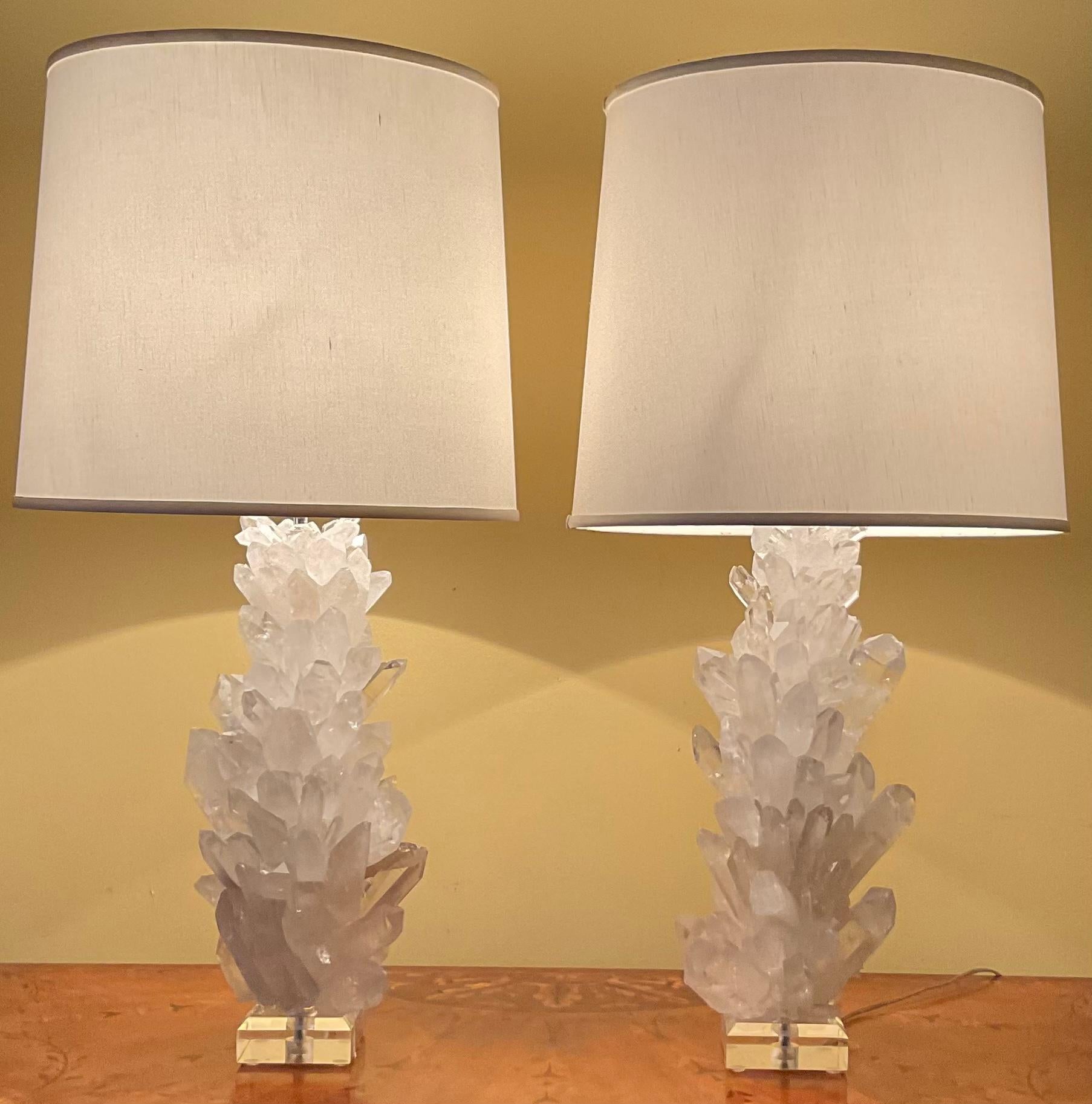 Pair of White Quartz Crystal Table Lamps by Joseph Malekan For Sale 7