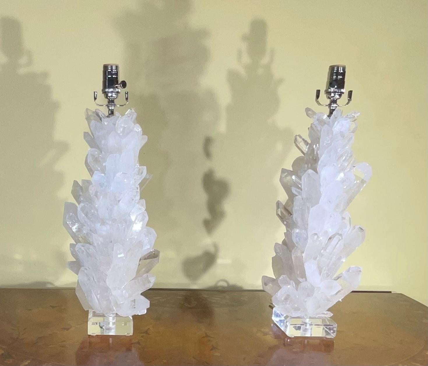 American Pair of White Quartz Crystal Table Lamps by Joseph Malekan For Sale