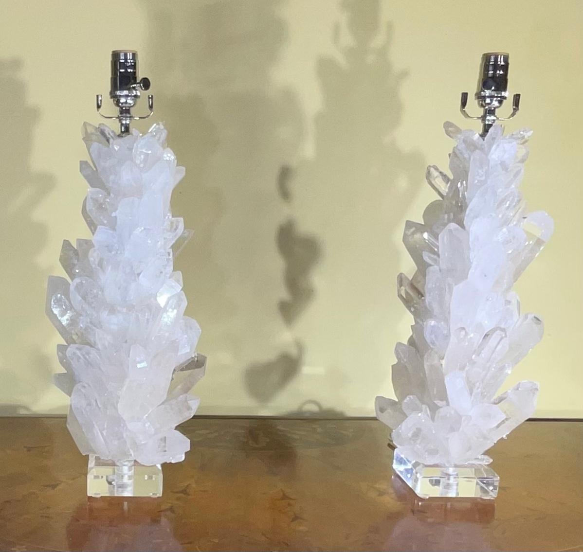 Hand-Crafted Pair of White Quartz Crystal Table Lamps by Joseph Malekan For Sale