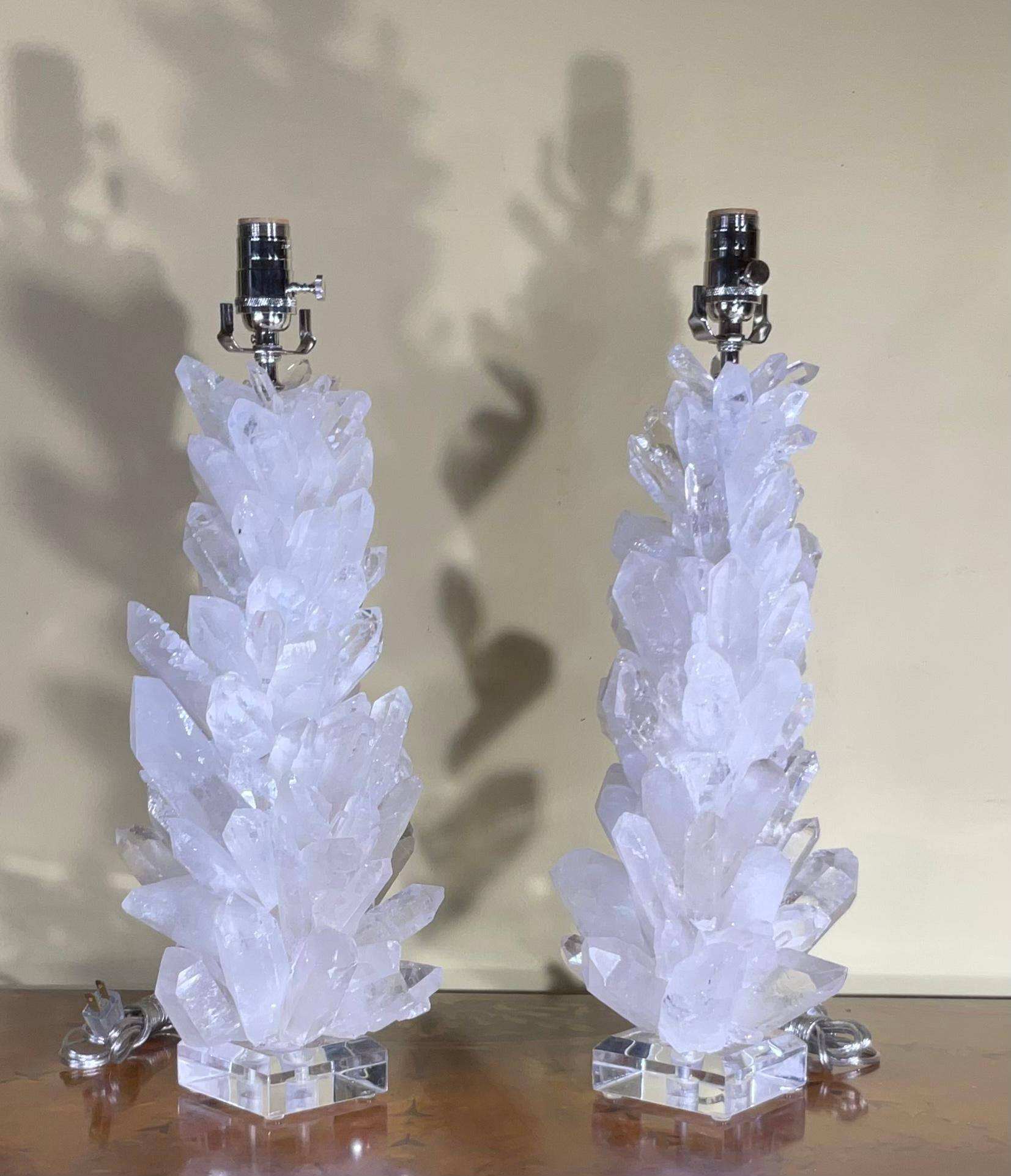 Pair of White Quartz Crystal Table Lamps by Joseph Malekan For Sale 1