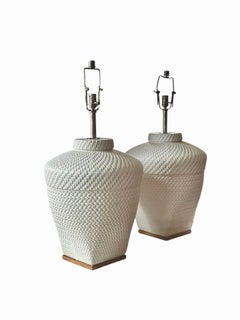 Pair of White Ralph Lauren Isla Ceramic Woven Rope Texture Lamps